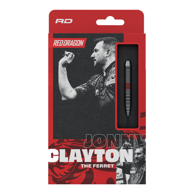 Red Dragon Jonny Clayton Core Brass Steeldarts - 21 g Zu sehen sind die Red Dragon Jonny Clayton Core Brass Steeldarts mit einem Gewicht von 21g. Die Darts haben einen silbernen und goldenen Schaft mit roten und schwarzen Flights.
