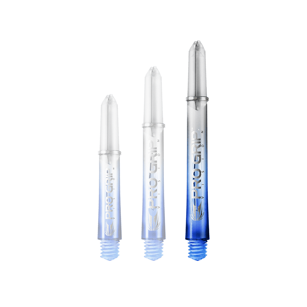 Target Pro Grip Vision Shafts - 3 sets - Blauw Das Bild zeigt drei unterschiedlich lange Dartshafts der Marke "Pro Grip" in Blau. Sie sind unten blau und werden nach oben hin durchsichtig.