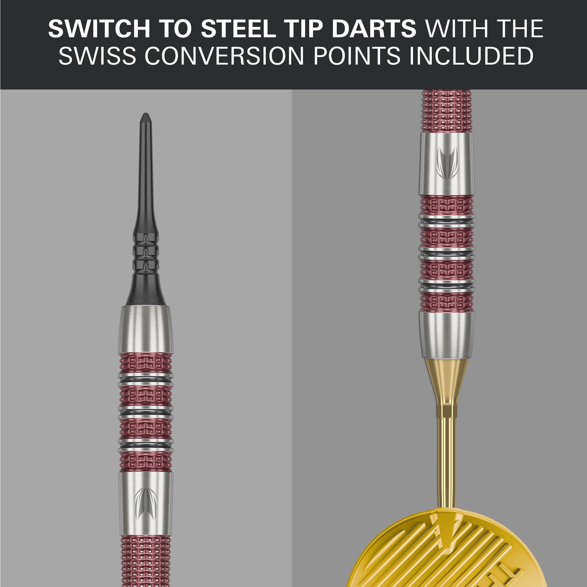 Target Stephen Bunting 95K Soft Darts - 19g Das Bild zeigt die Target Stephen Bunting 95K Softdarts mit einem Gewicht von 19 Gramm. Oben steht, dass man mit den enthaltenen Swiss Conversion Points einfach auf Steel-Tip-Darts wechseln kann.
