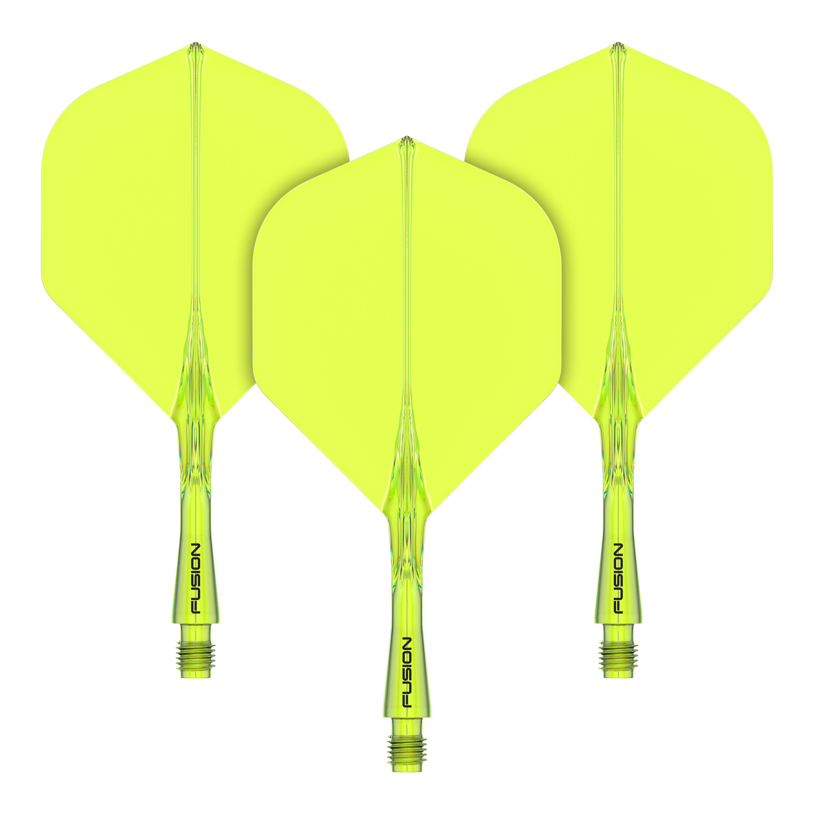 Winmau Fusion Flight Shaft System Standaard Geel Das Bild zeigt drei gelbe Dartflights mit Schaftsystem. Auf den Schäften steht das Wort "FUSION" geschrieben.