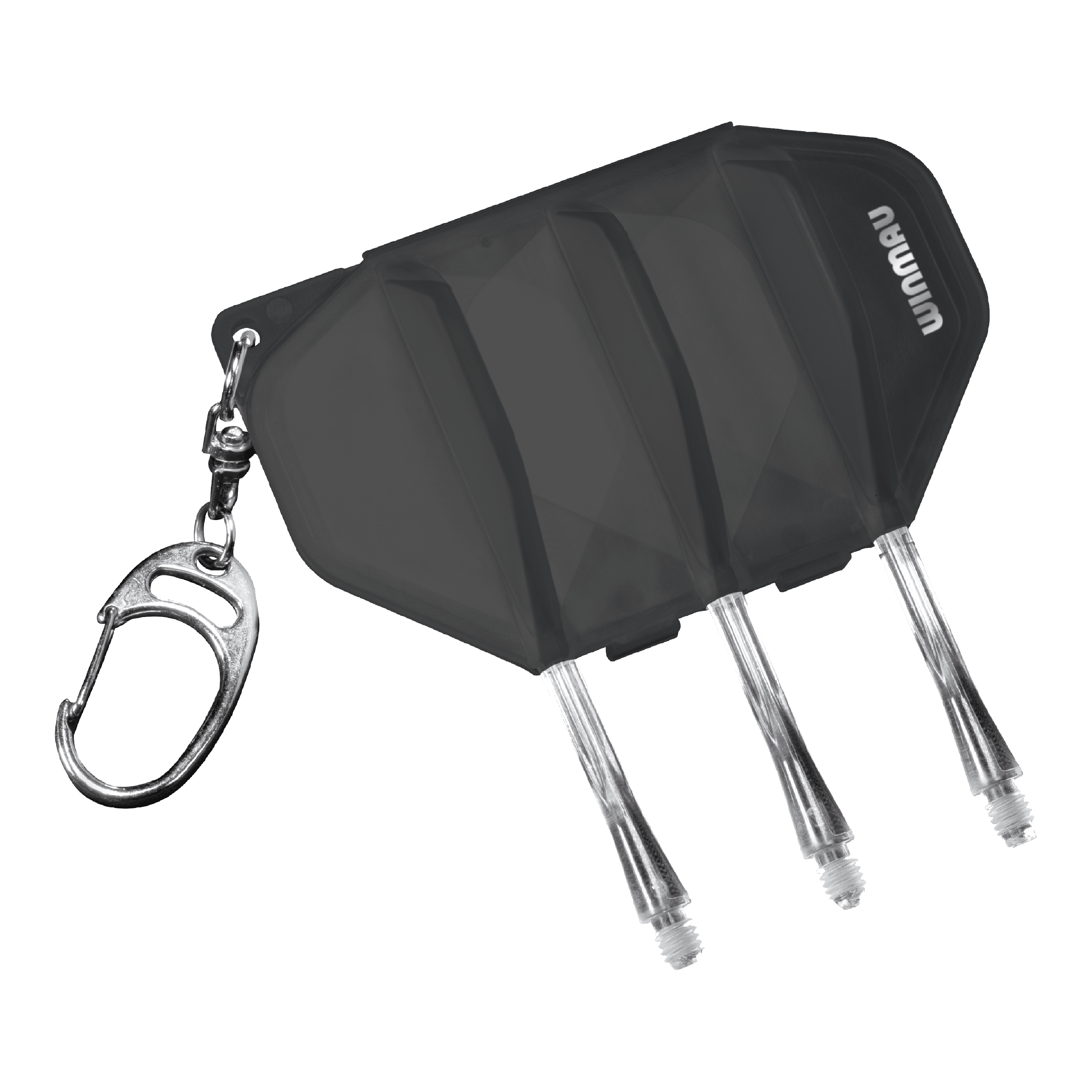 Winmau Fusion Flightcase - Helder Zwart Das Bild zeigt das Winmau Fusion Flightcase in der Farbe Clear Black. Es besitzt einen Schlüsselanhänger und Platz für Darts-Flights und -Shafts.