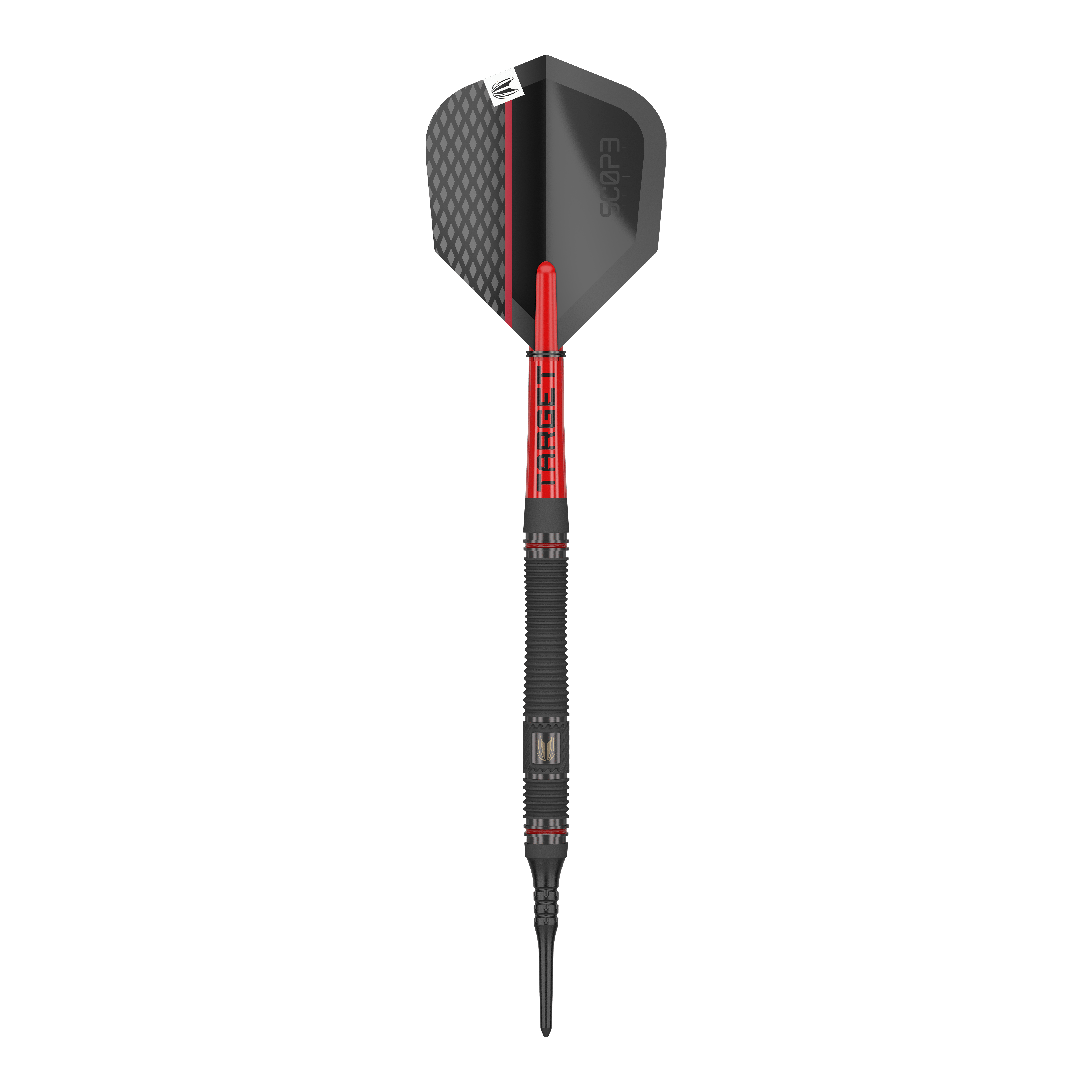 Target Scope 11 Zachte Darts Das Bild zeigt einen Softdart namens "Target Scope 11 Softdarts". Der Dart ist schwarz und rot mit einem modernen Design und einer strukturierten Oberfläche.