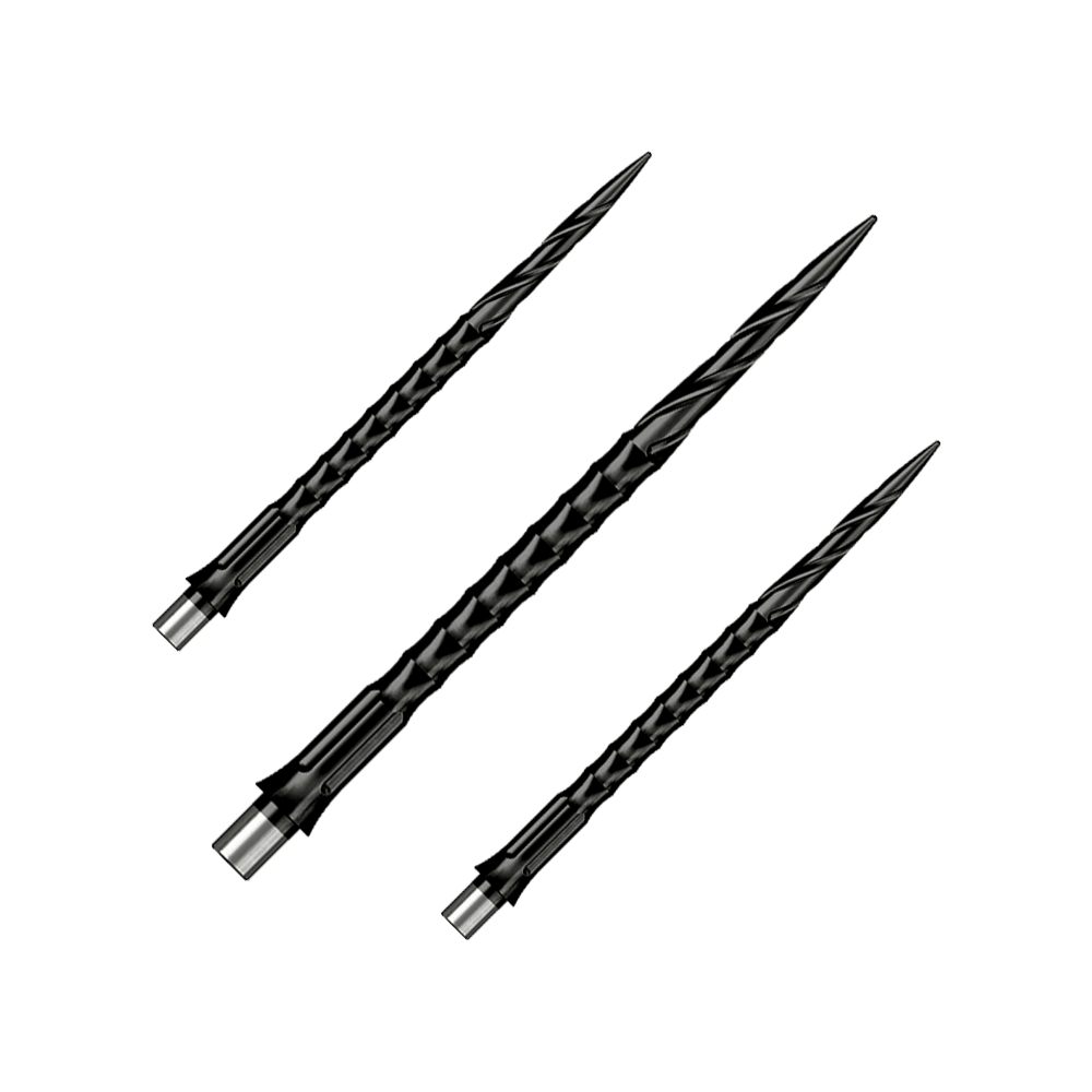 Caliburn System stalen dartpunten - Spiro - Geen lip - Zwart Das Bild zeigt ein Produkt mit dem Dateinamen EVO033_Caliburn_Evo_System_Steeldartspitzen_Spiro_NoLip_Black_40mm_1Set. Es könnte sich um ein Set von schwarzen Steeldartspitzen handeln.