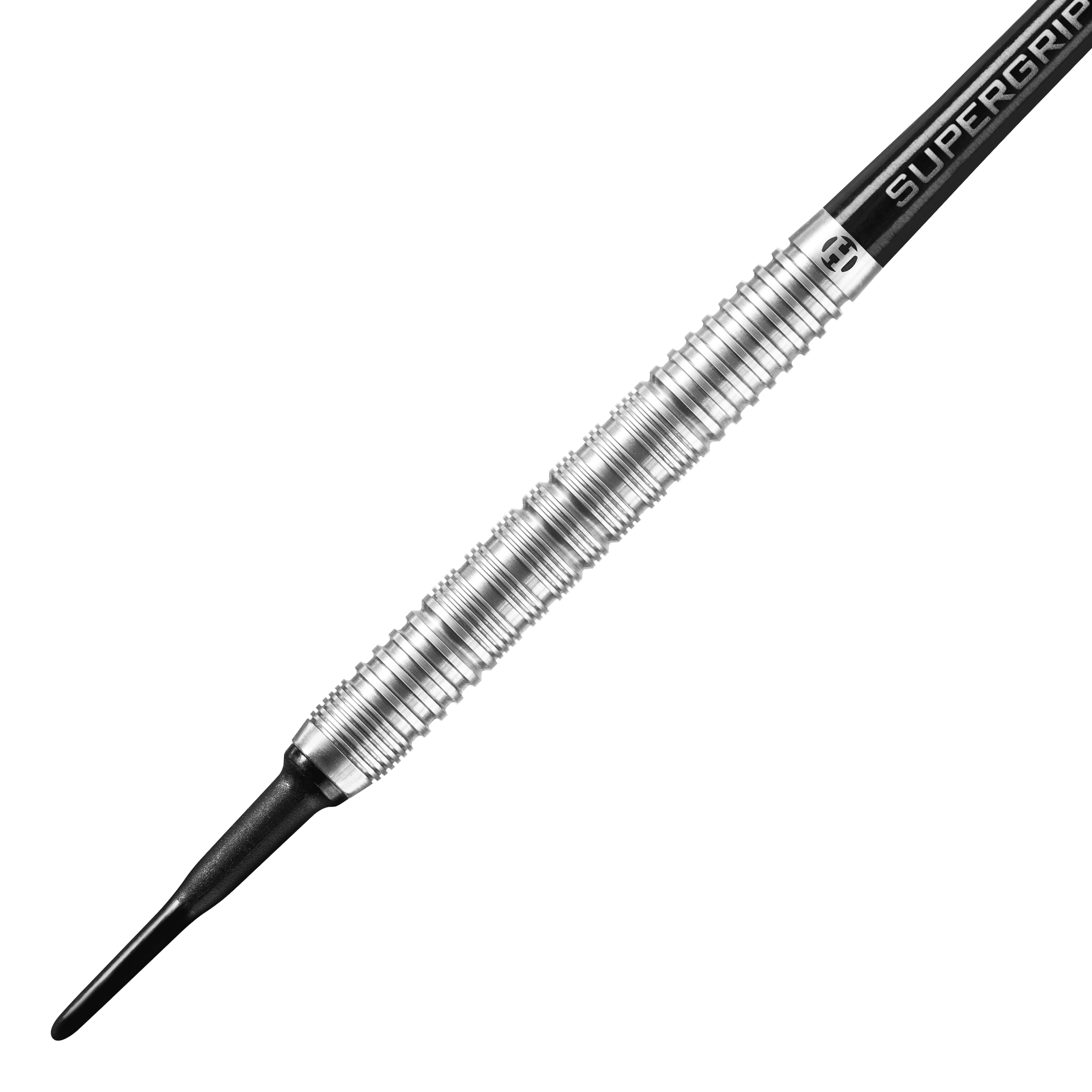 Harrows Control Parallel Softdarts Das Bild zeigt einen Harrows Control Parallel Softdart mit einem silbernen, gerillten Barrel. Der Dart hat eine schwarze Kunststoffspitze und einen Schaft mit der Aufschrift "Supergrip".