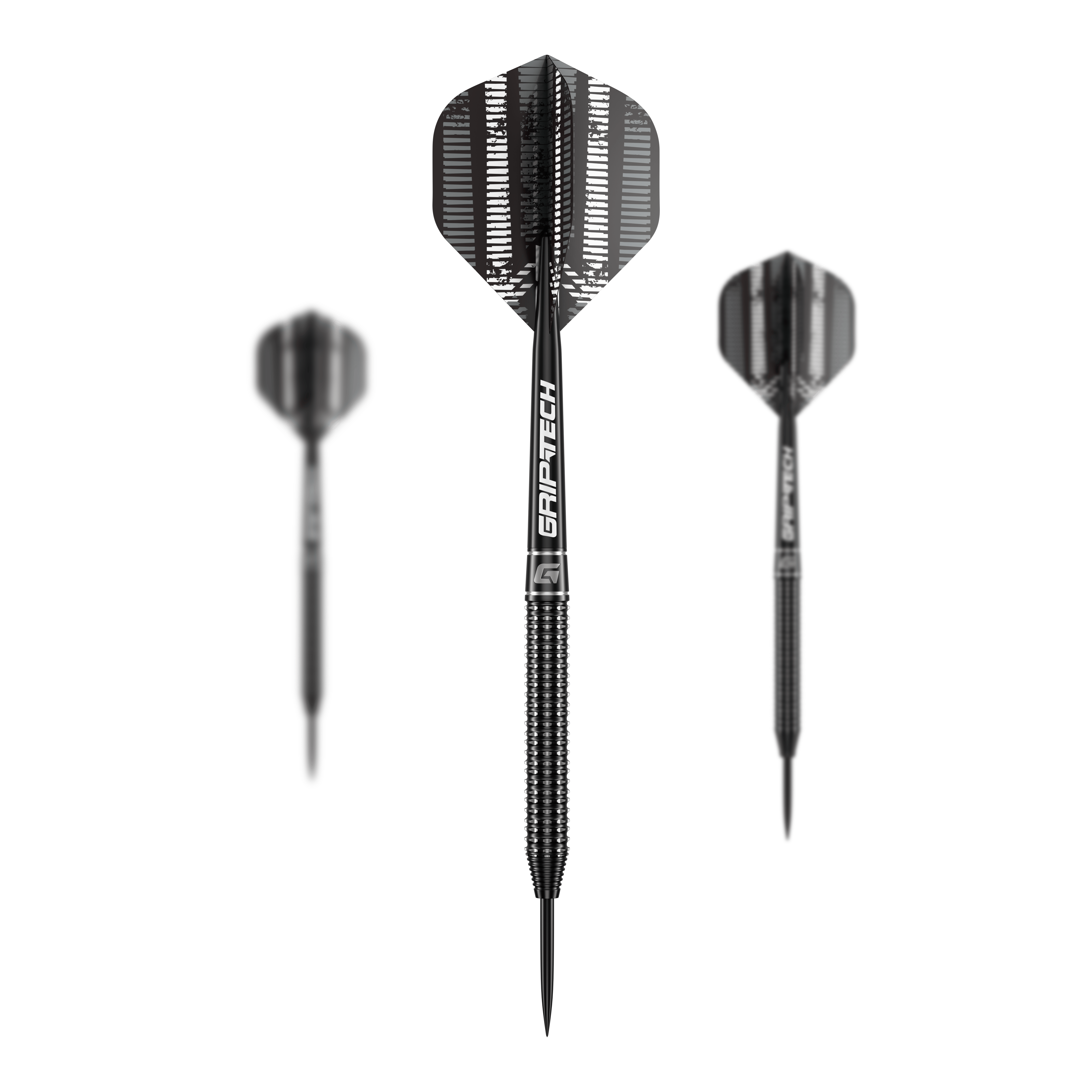 GOAT Sprocket Tungsten Steel Darts Das Bild zeigt drei schwarze Steeldarts mit der Aufschrift "GRIPTECH" auf den Schäften. Es handelt sich um das Produkt "GOAT Sprocket Tungsten Steeldarts".