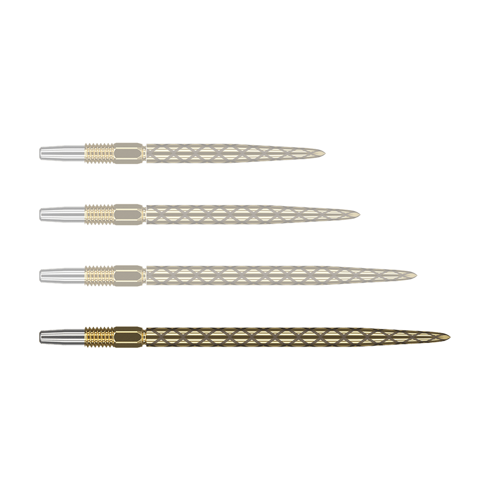 Target Swiss Diamond Pro Gold dartpunten Das Bild zeigt vier goldfarbene Dartspitzen mit einem rautenförmigen Muster. Die Spitzen liegen parallel nebeneinander auf einem grünen Hintergrund.
