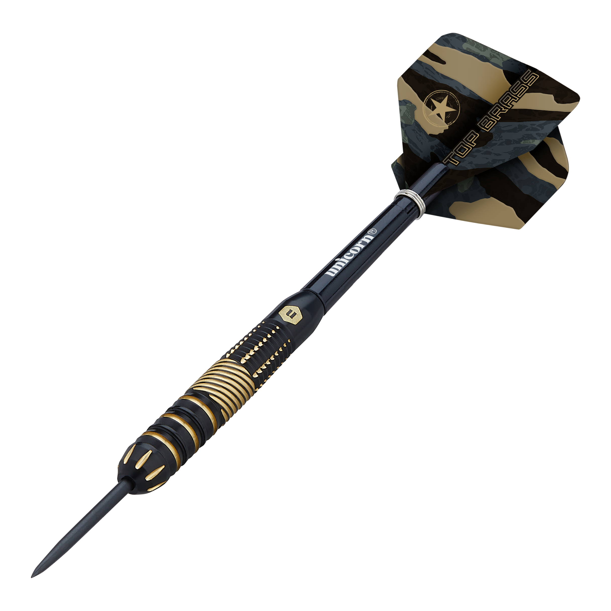 Unicorn Top Brass V2 Steeldarts - 19g Das Bild zeigt einen Dartpfeil des Modells „Unicorn Top Brass V2 Steeldarts - 19g“. Der Pfeil ist schwarz-gold gestaltet und hat eine camouflagemusterte Flügelspitze mit der Aufschrift „TOP BRASS“.
