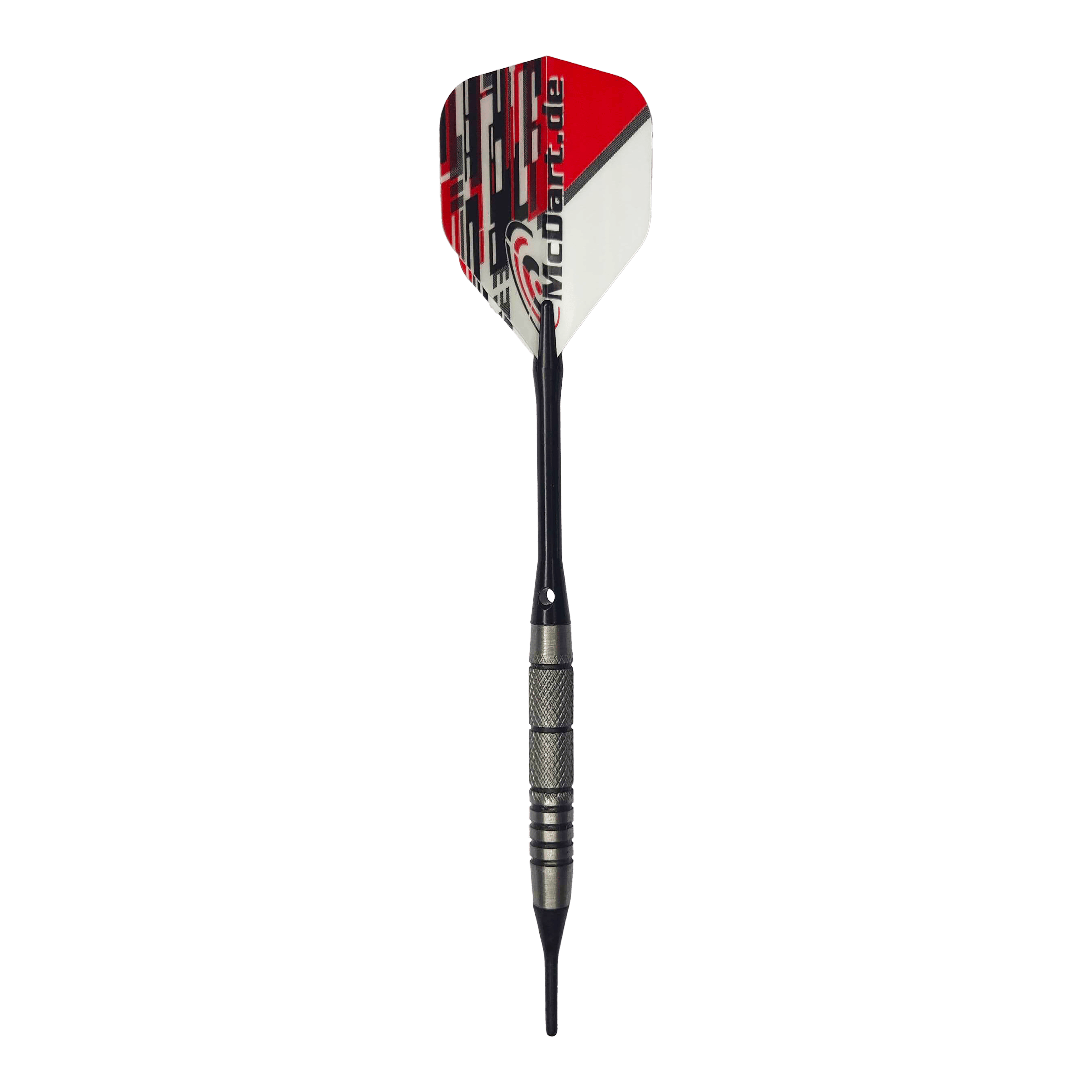 McDart 85 Tungsten V9 zachte darts - 17,5 g Das Bild zeigt einen McDart 85er Tungsten V9 Softdart mit einem Gewicht von 17,5g. Der Dart hat eine schwarz-silberne Spitze und Schaft sowie ein Flight in Rot, Weiß und Schwarz mit der Aufschrift "McDart.de".