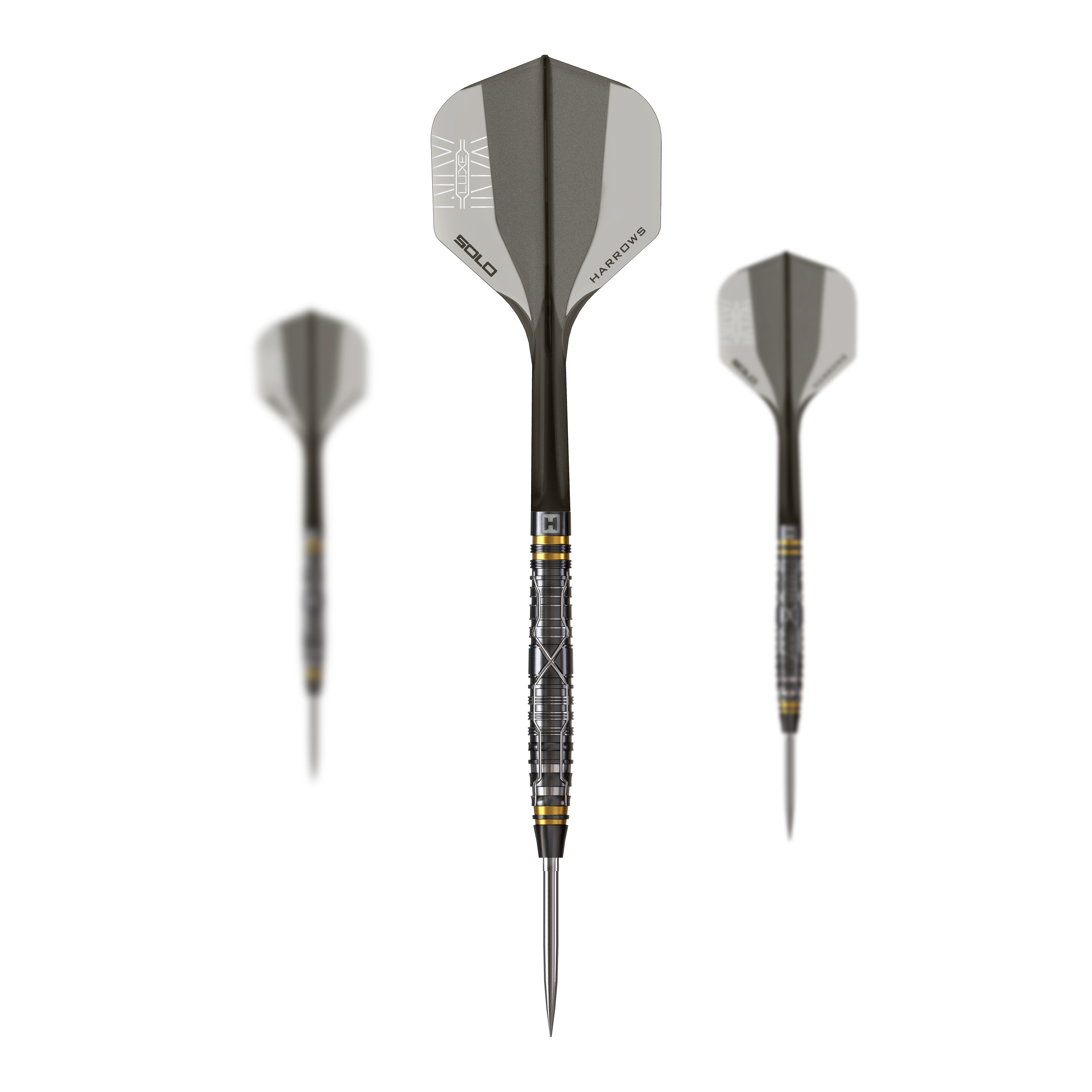 Harrows NX Luxe Tapered Quick Point Steeldarts Ein Set aus Steeldartpfeilen in schlanker Ausführung liegt auf weißem Hintergrund. Die Pfeile sind gleichmäßig angeordnet.