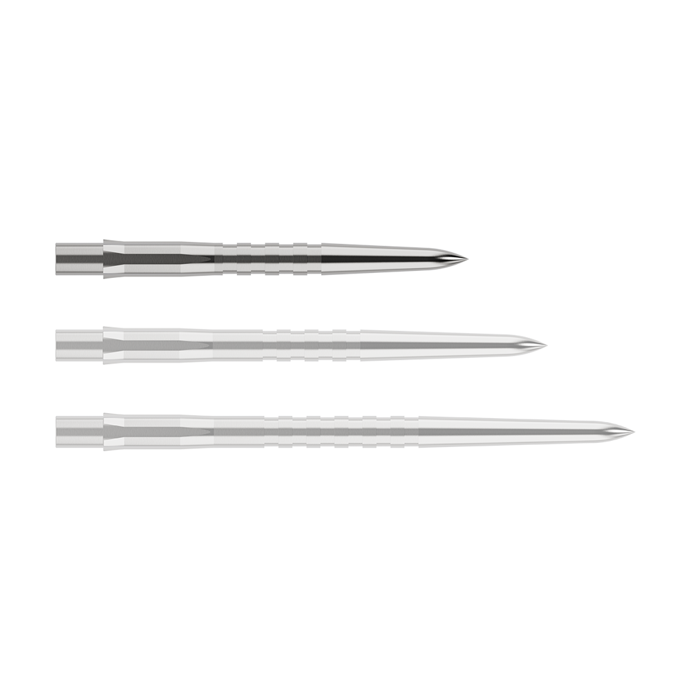 Mission Caliburn EVO dartpunten - gegroefd - zilver Das Bild zeigt drei silberne, gerillte Spitzen für Steeldarts in unterschiedlichen Längen. Sie sind nebeneinander auf einem weißen Hintergrund angeordnet.