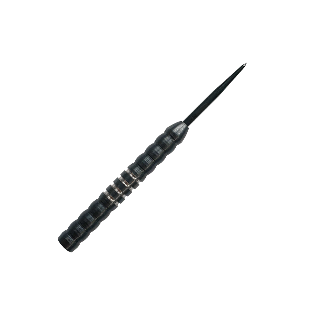 McDart Midnight V1 stalen dartvaten Das Bild zeigt einen McDart Midnight V1 Steeldart Barrel. Der Barrel ist schwarz mit silbernen Ringen und hat eine strukturierte Oberfläche für besseren Halt.