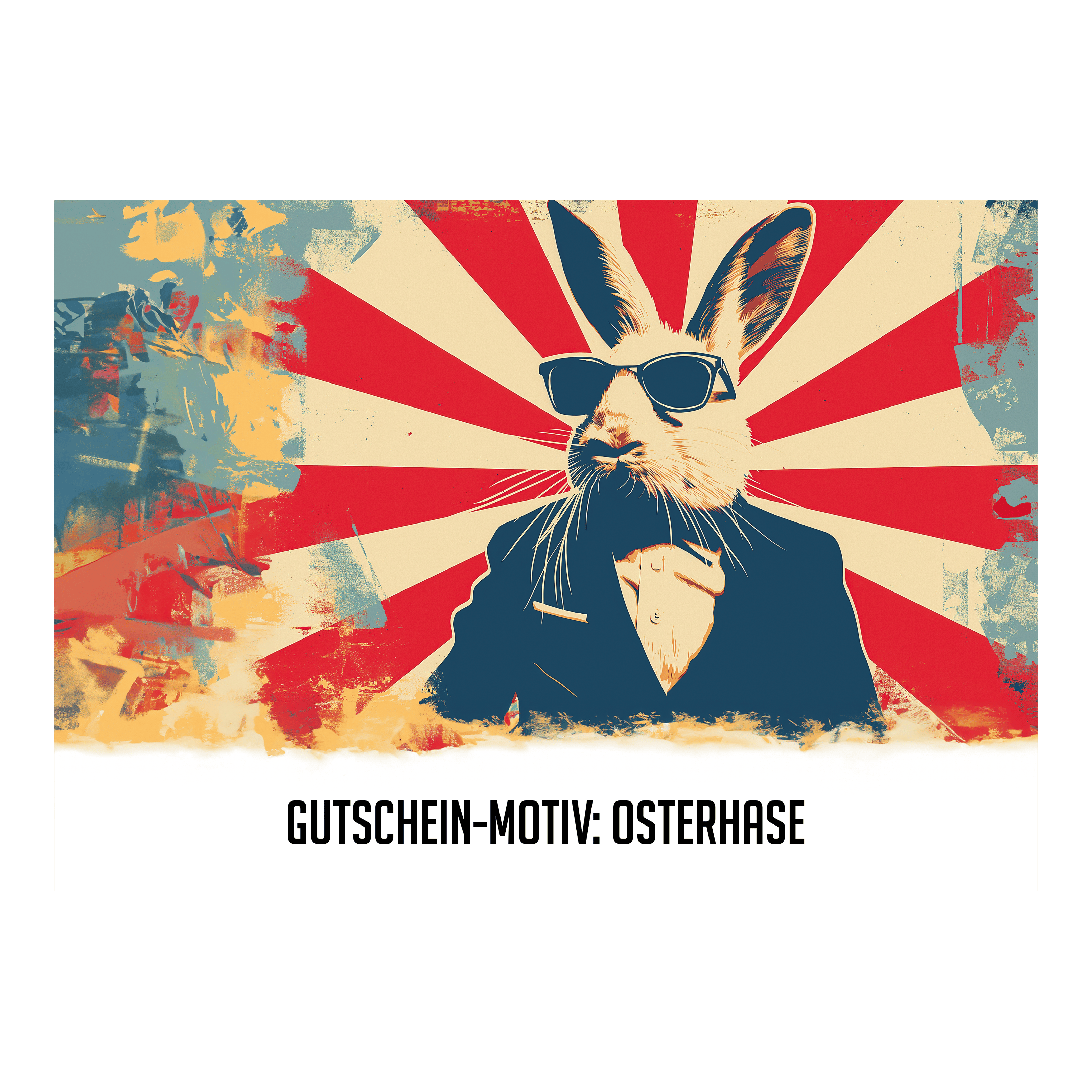 Paasvoucher Das Bild zeigt einen stilisierten Osterhasen im Anzug und mit Sonnenbrille vor einem bunten Hintergrund. Unten steht der Text: "GUTSCHEIN-MOTIV: OSTERHASE".