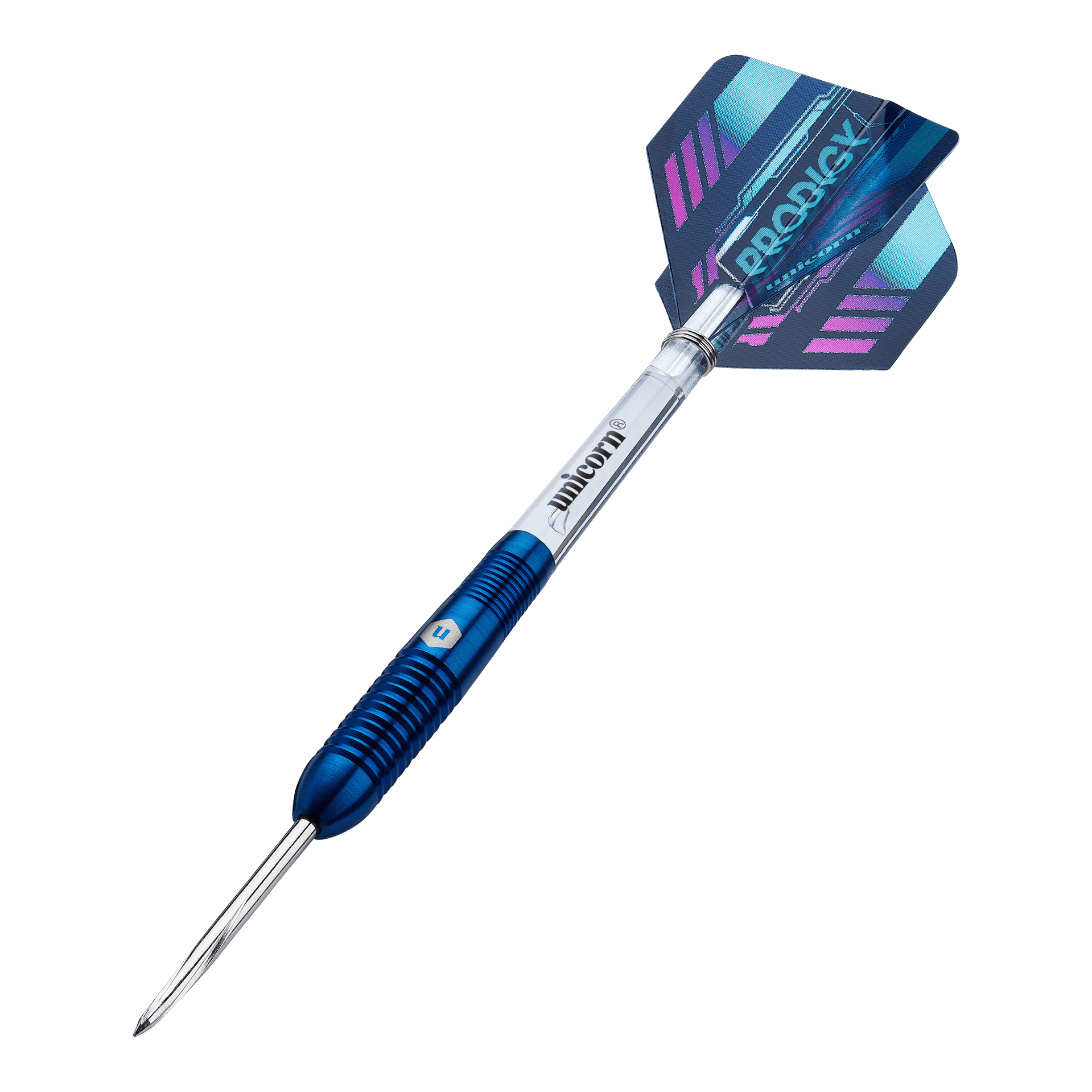 Unicorn Prodigy 02 Torpedo stalen darts Das Bild zeigt einen Unicorn Prodigy 02 Torpedo Steeldart. Der Dartpfeil hat ein blaues und silbernes Design mit einer farbigen Flights-Feder am Ende.