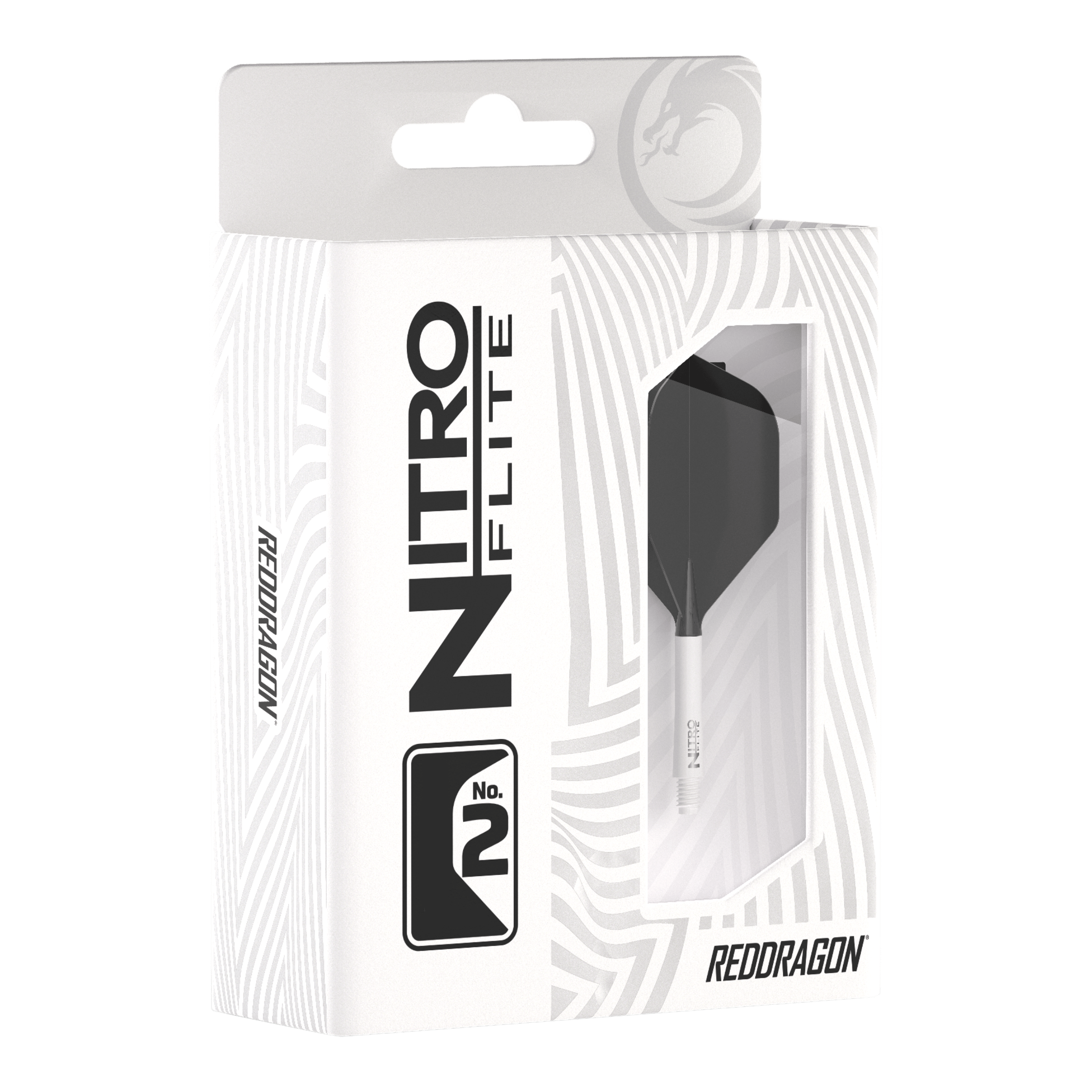 Red Dragon Nitroflite - Witte schacht Zwarte nr. 2 vluchten Die Abbildung zeigt die Produktverpackung des "Red Dragon Nitroflite" mit weißen Schäften und schwarzen No2 Flights. Die Packung ist überwiegend weiß gestaltet und hat ein Sichtfenster, durch das das Dart-Zubehör zu sehen ist.