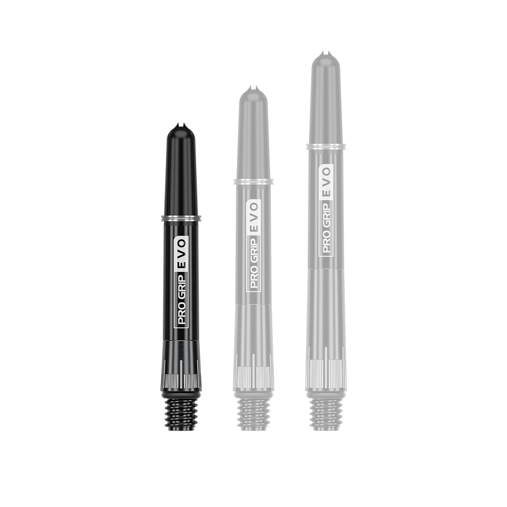 Das Bild zeigt drei schwarze Dartschäfte mit der Aufschrift "PRO GRIP EVO". Sie sind in unterschiedlichen Längen dargestellt und haben unten ein Schraubgewinde.
