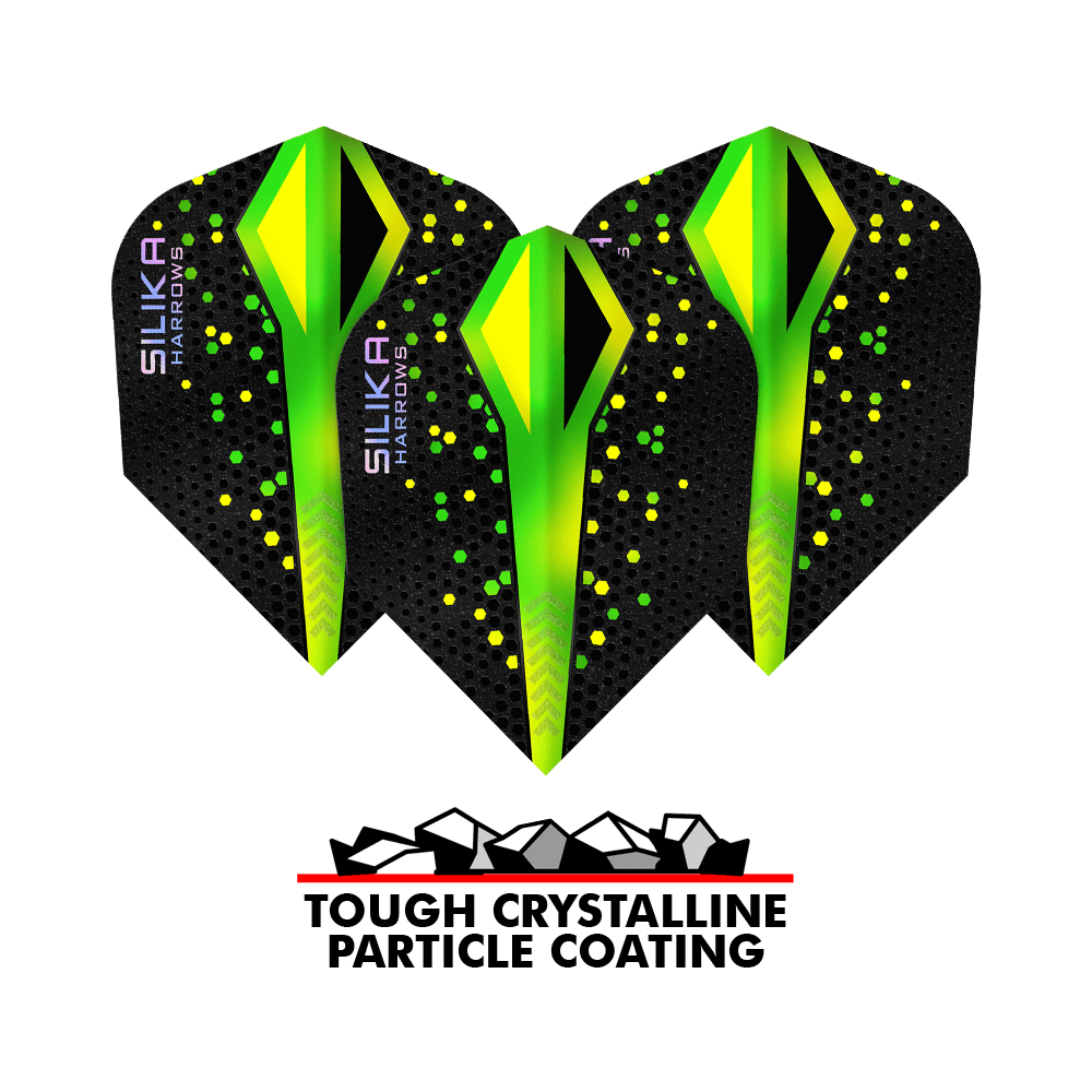 Harrows Silika Colourshift Tough Crystalline Coating Groen No6 Vluchten Auf dem Bild ist ein Set der Harrows Silika Colourshift Tough Crystalline Coating No6 Flights. Die Flights haben ein auffälliges Design.