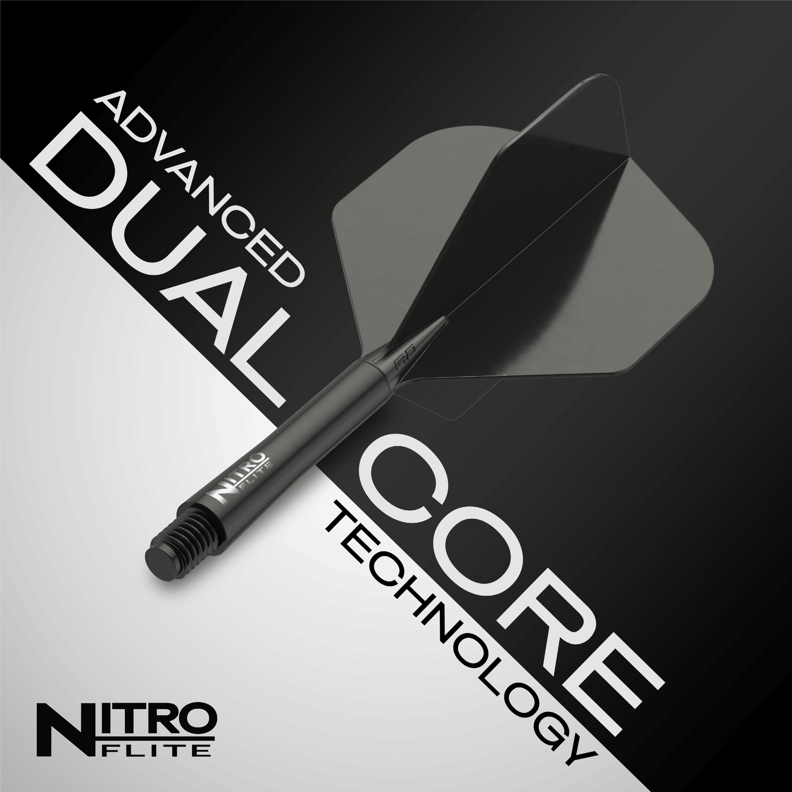 Red Dragon Nitroflite - Zwarte schacht Zwarte nr. 2 vluchten Das Bild zeigt das Produkt "Red Dragon Nitroflite - Black Shaft Black No2 Flights". Es hebt die fortschrittliche Dual-Core-Technologie hervor.