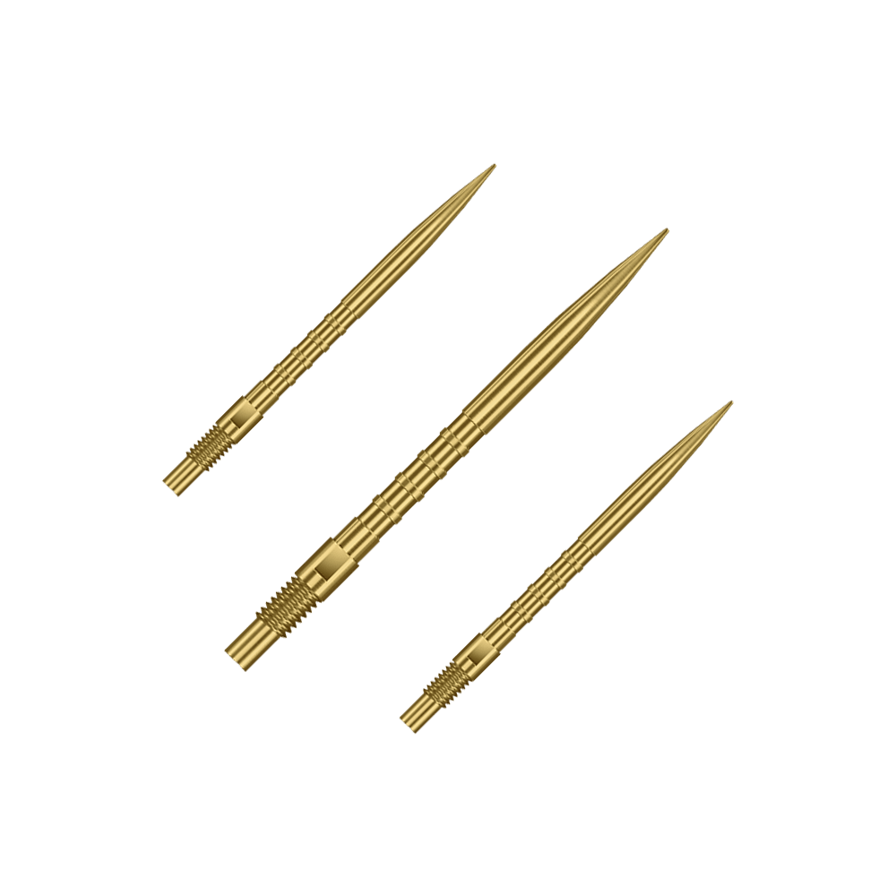 Harrows Quick Point Heavy Metal Dartpunten - Goud Das Bild zeigt ein Set aus goldenen Dartspitzen mit 30mm Länge. Es sind Harrows Quick Point Heavy Metal Grip Dartspitzen Gold 30mm im Set.