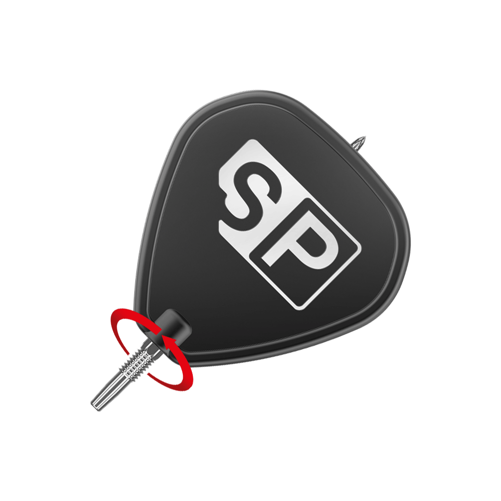 Target Swiss Point DX darttips - Zilver Das Bild zeigt eine schwarze Dart-Flügel mit der weißen Aufschrift "SP". Am unteren Ende ist eine silberne Dartspitze angebracht, um die ein roter Pfeil eine Drehbewegung anzeigt.