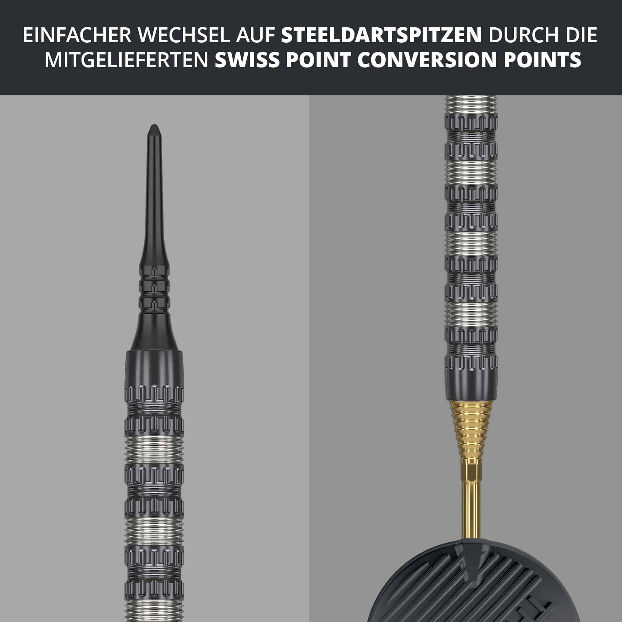 Target Rob Cross 95K Swiss Point Zachte Darts - 18g Das Bild zeigt den Target Rob Cross 95K Swiss Point Softdart mit 18g Gewicht. Es wird darauf hingewiesen, dass ein einfacher Wechsel auf Steeldartspitzen durch die mitgelieferten Swiss Point Conversion Points möglich ist.