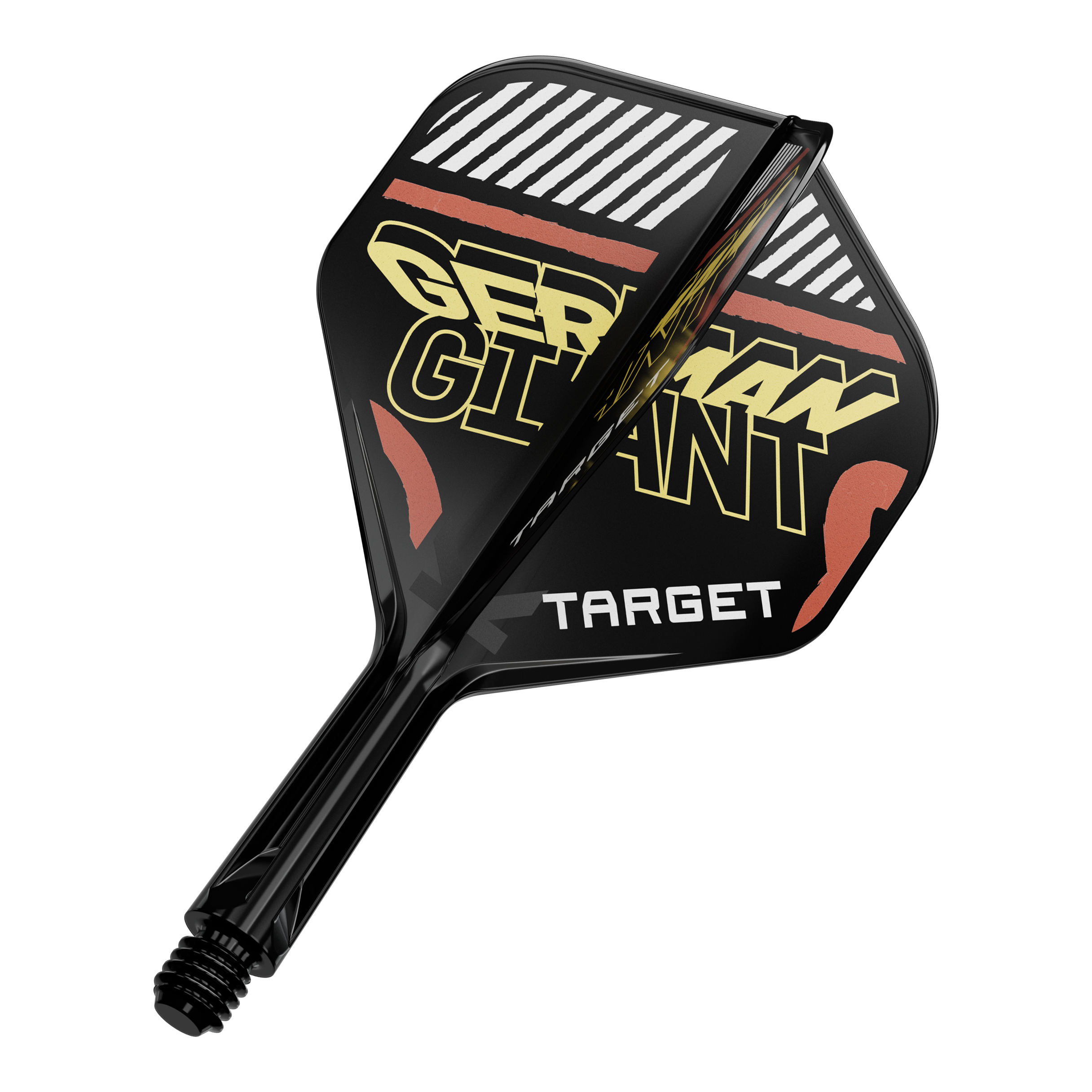 Target K-Flex Gabriel Clemens No2 Standaard Vluchtas Systeem Das Bild zeigt eine schwarze Dartflügel- und Schaftkombination mit der Aufschrift "GERMAN GIANT" und "TARGET". Die Farben sind hauptsächlich Schwarz, Gelb und Rot.
