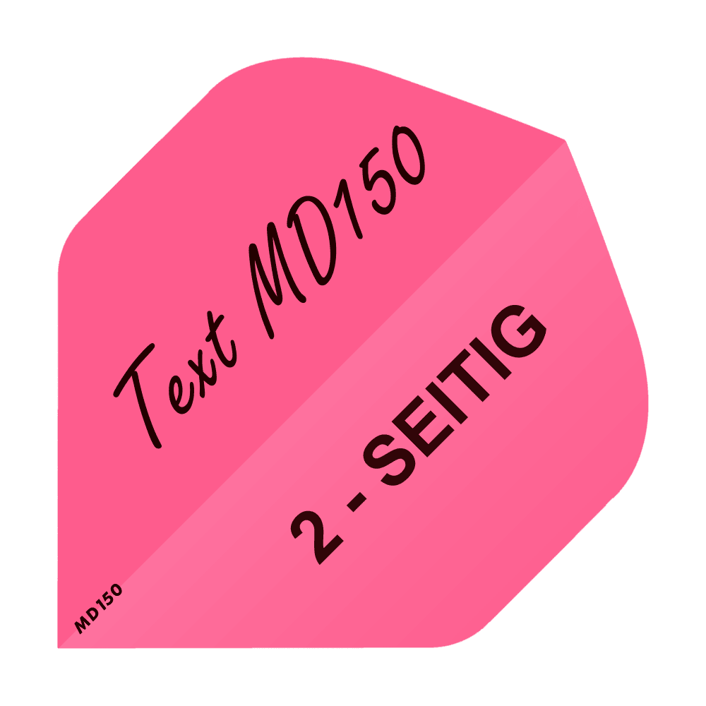 MD-202_2-Seitig_Bedruckte_Flights_Wunschtext_MD150_Pink_Standard_1 Das Bild zeigt einen pinken Dart Flight mit der Aufschrift "Text MD150" und "2-SEITIG". Es handelt sich um einen bedruckten Standard-Flight, der auf beiden Seiten personalisiert werden kann.
