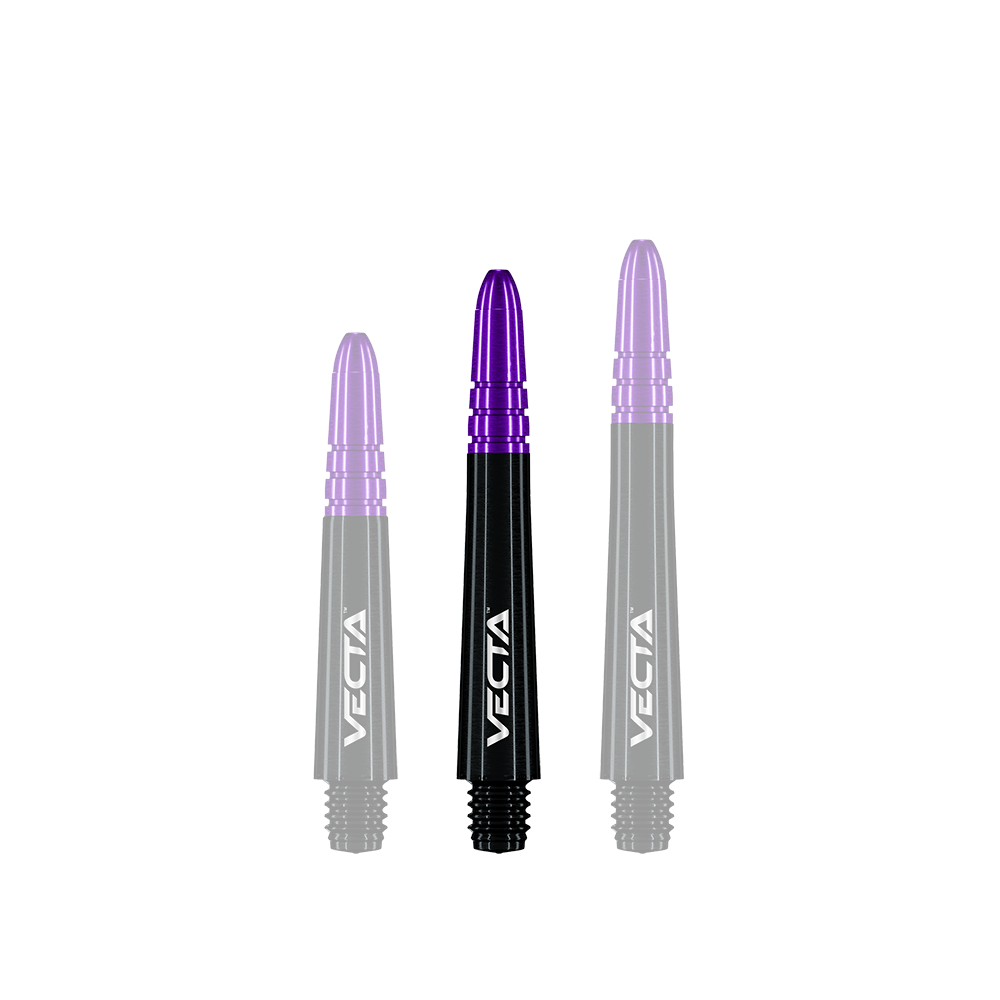 Winmau Vecta Shafts - Schwarz Lila Auf dem Bild sind drei Dartschäfte in Schwarz und Lila zu sehen. Sie haben die Aufschrift "Vecta" und sind unterschiedlich lang.