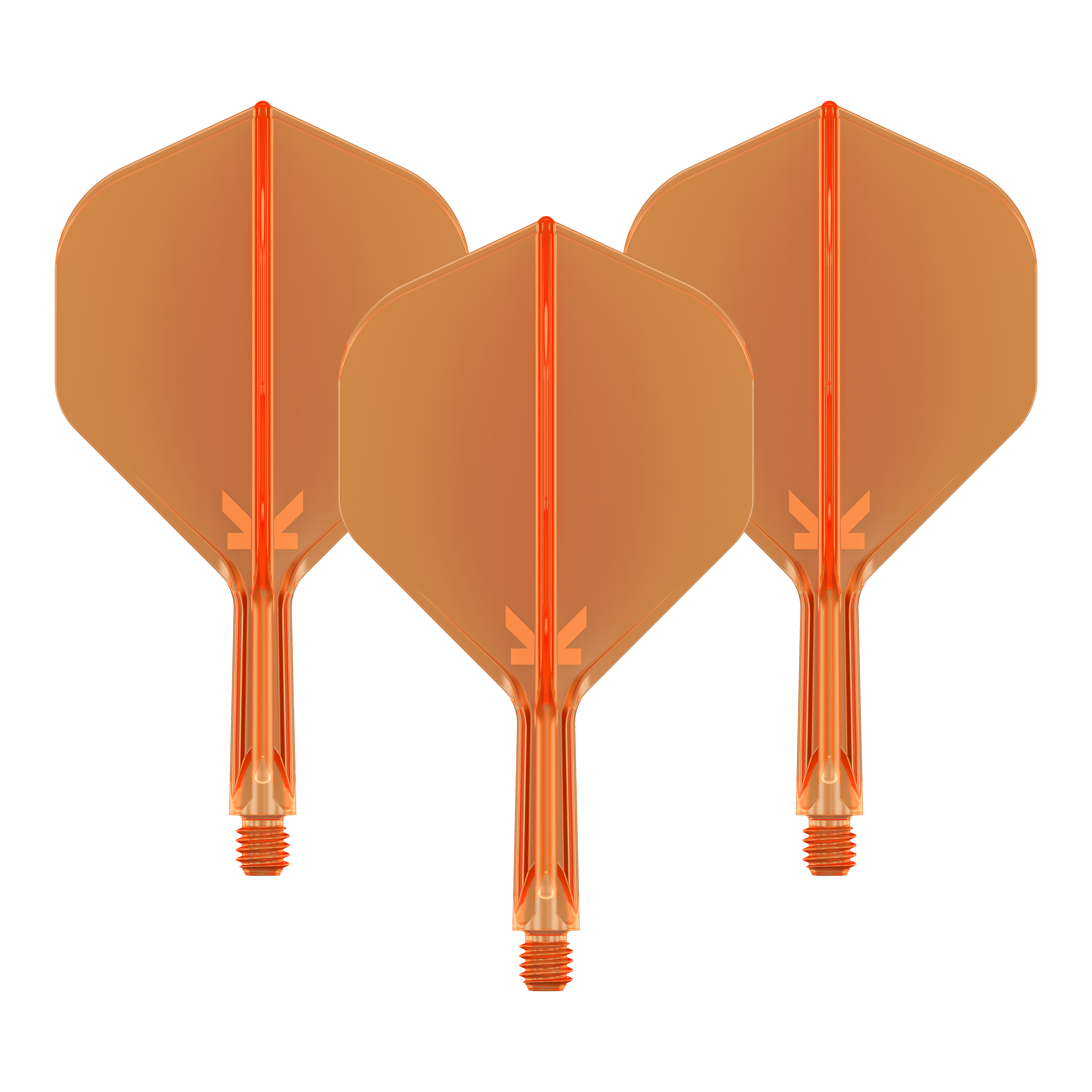 Target K-Flex No2 Standaard Vluchtsysteem - Neon Oranje Das Bild zeigt drei neonorange Dartflights mit Shafts. Sie sind in einer Reihe nebeneinander angeordnet und haben eine transparente Optik.
