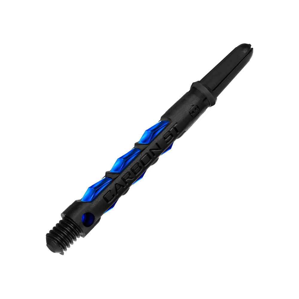 HR415_Harrows_Carbon_ST_Shafts_Blau_47mm_2 Das Bild zeigt einen Harrows Carbon ST Shafts in der Farbe Blau. Der Schaft hat ein modernes, schwarzes Design mit blauen Akzenten.
