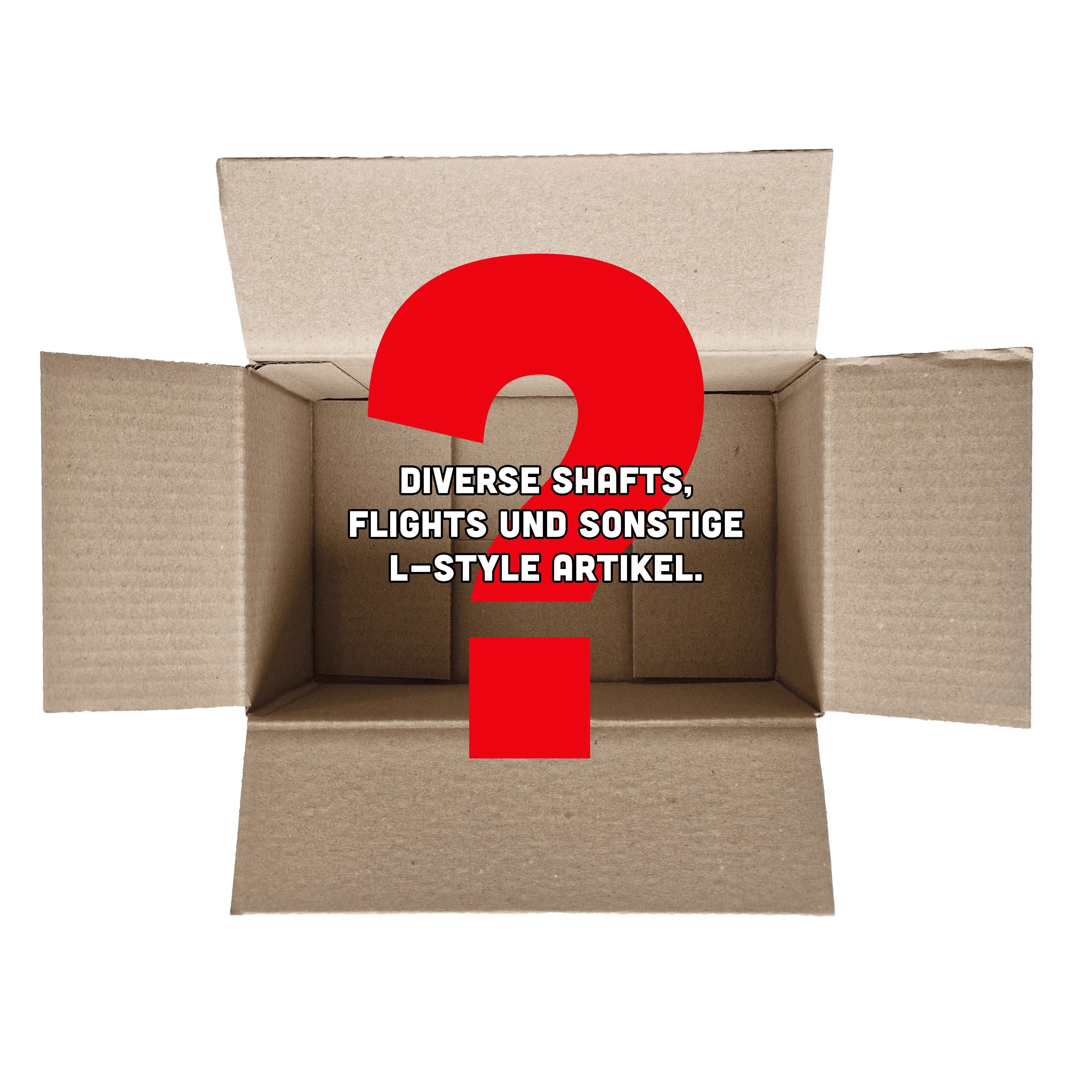 McDart Mystery Box - Zachte darts Das Bild zeigt einen offenen Karton mit einem großen roten Fragezeichen darin. In der Mitte steht der Text: "Diverse Shafts, Flights und sonstige L-Style Artikel."