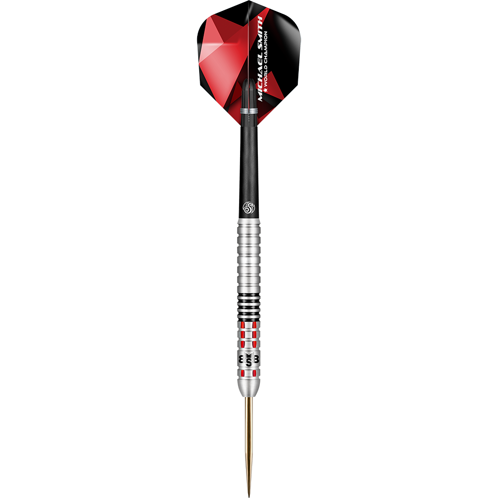 Shot Michael Smith bereikt Steel Darts Auf dem Bild ist ein Steeldartpfeil mit einem silbernen, schwarzen und roten Design zu sehen. Am Dartflight steht der Name "Michael Smith" und "World Champion".