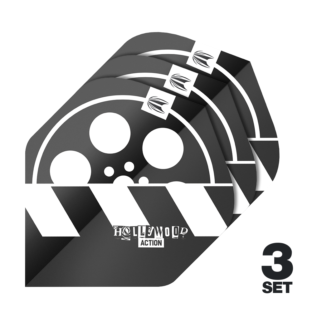 Target Pro Ultra Chris Dobey Hollywood Action No2 Standaardvluchten - 3 sets Das Bild zeigt drei Sätze Target Pro Ultra Chris Dobey Hollywood Action No2 Standard Flights für Dartpfeile. Das Design ist schwarz-weiß mit einem Filmrollen- und Klappenmotiv sowie der Aufschrift "Hollywood Action".
