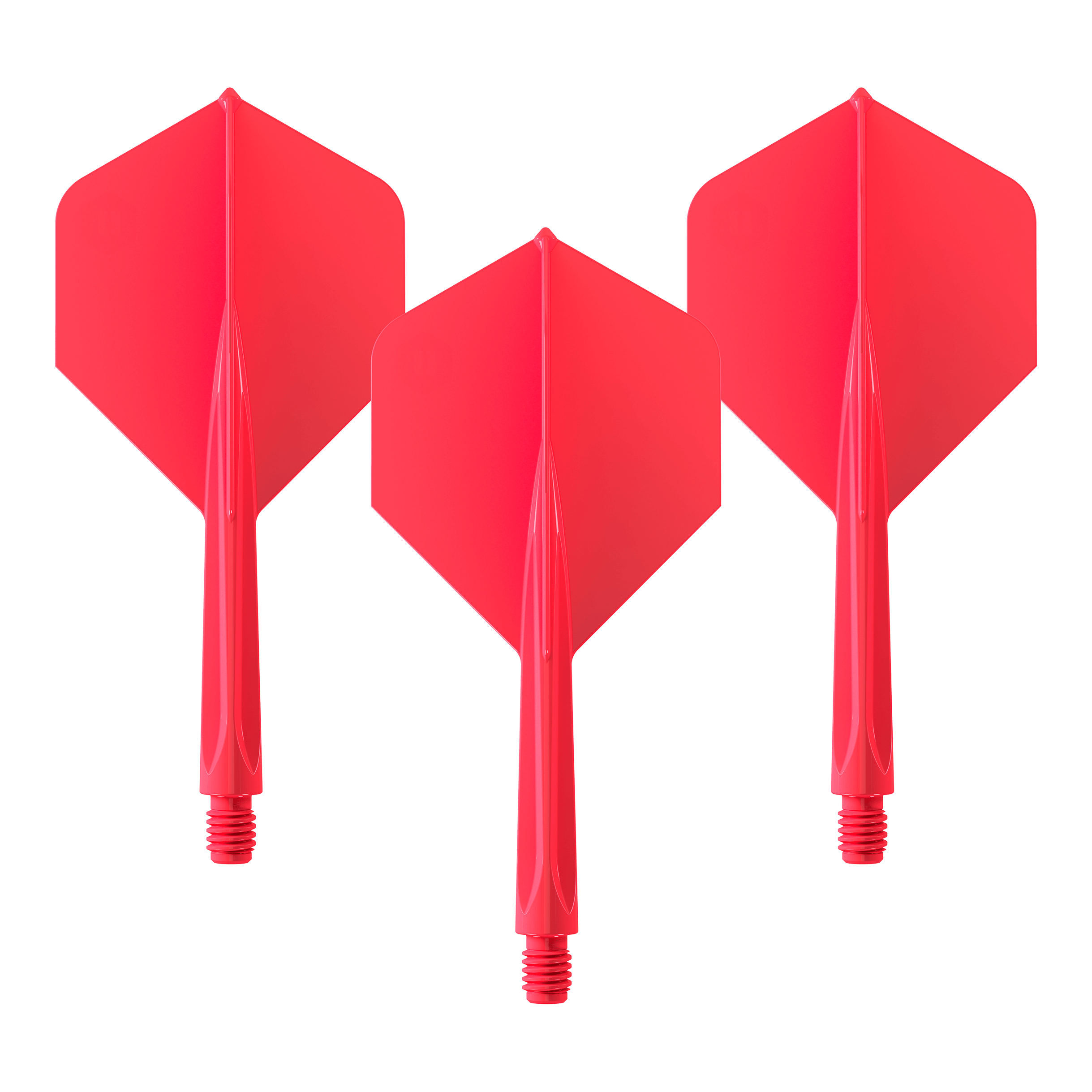 Unicorn Forge All In One Plus No2 Standaard Vluchten Rood - Medium Das Bild zeigt drei rote Dartflights mit integriertem Schaft. Es handelt sich um das Produkt "Unicorn Forge All In One Plus No2 Standard Flights Rot - Medium".