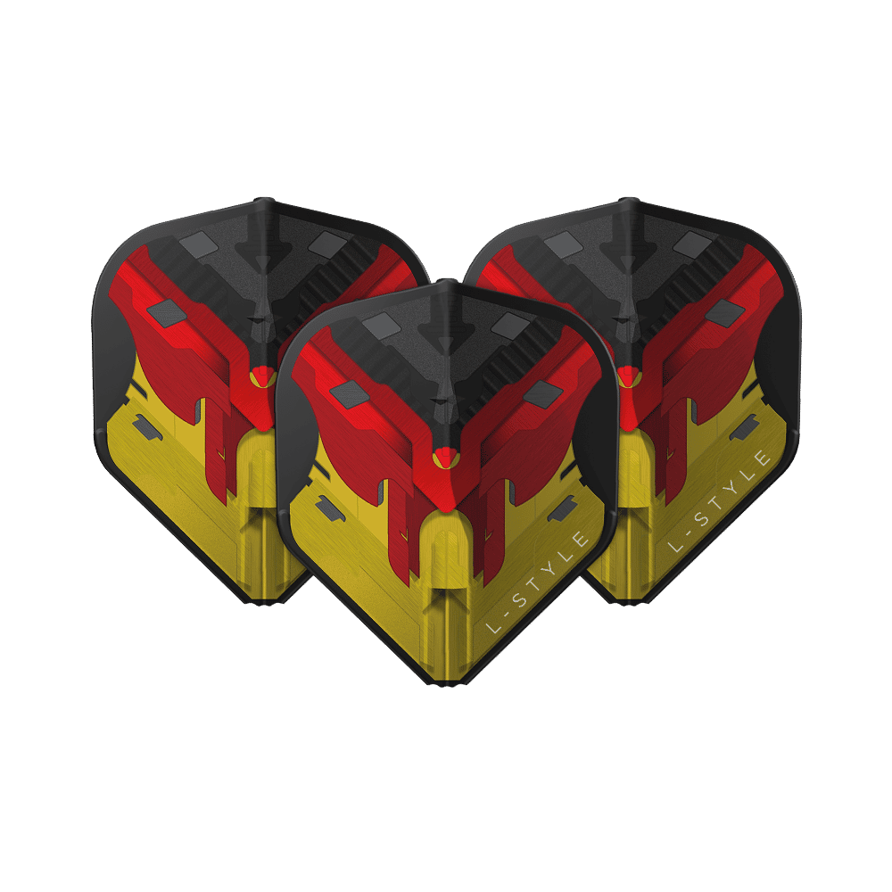 L-Style V-Serie V1 Type D Duitsland Zwart L1EZ Vluchten Das Bild zeigt drei Dart-Flights der Marke L-Style in den Farben Schwarz, Rot und Gelb, die an die deutsche Flagge erinnern. Auf einem der Flights ist der Schriftzug "L-STYLE" zu sehen.