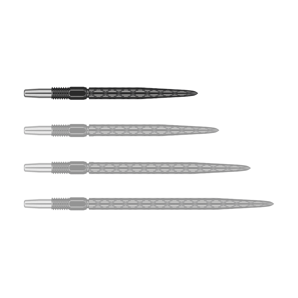 Target Swiss Diamond Pro Black Points dartpunten Auf dem Bild sind vier schwarze Dartspitzen mit silbernem Gewinde zu sehen. Die Spitzen haben ein rautenförmiges Muster auf der Oberfläche.