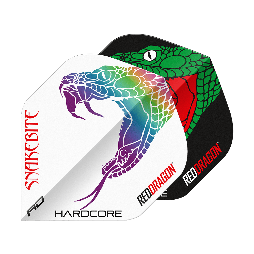 Red Dragon Peter Wright Slangenbeet Zwart Wit Yin Yang Standaardvluchten Das Bild zeigt zwei Dart-Flights mit auffälligen Schlangenmuster-Designs in Schwarz und Weiß. Auf beiden Flights stehen die Wörter "Snakebite" und "Red Dragon".
