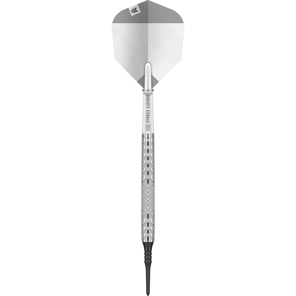 Target Nastri 11 zachte darts Das Bild zeigt einen Target Nastri 11 Softdart. Der Dartpfeil hat ein silbernes Design mit einer strukturierten Griffzone und einer schwarzen Kunststoffspitze.