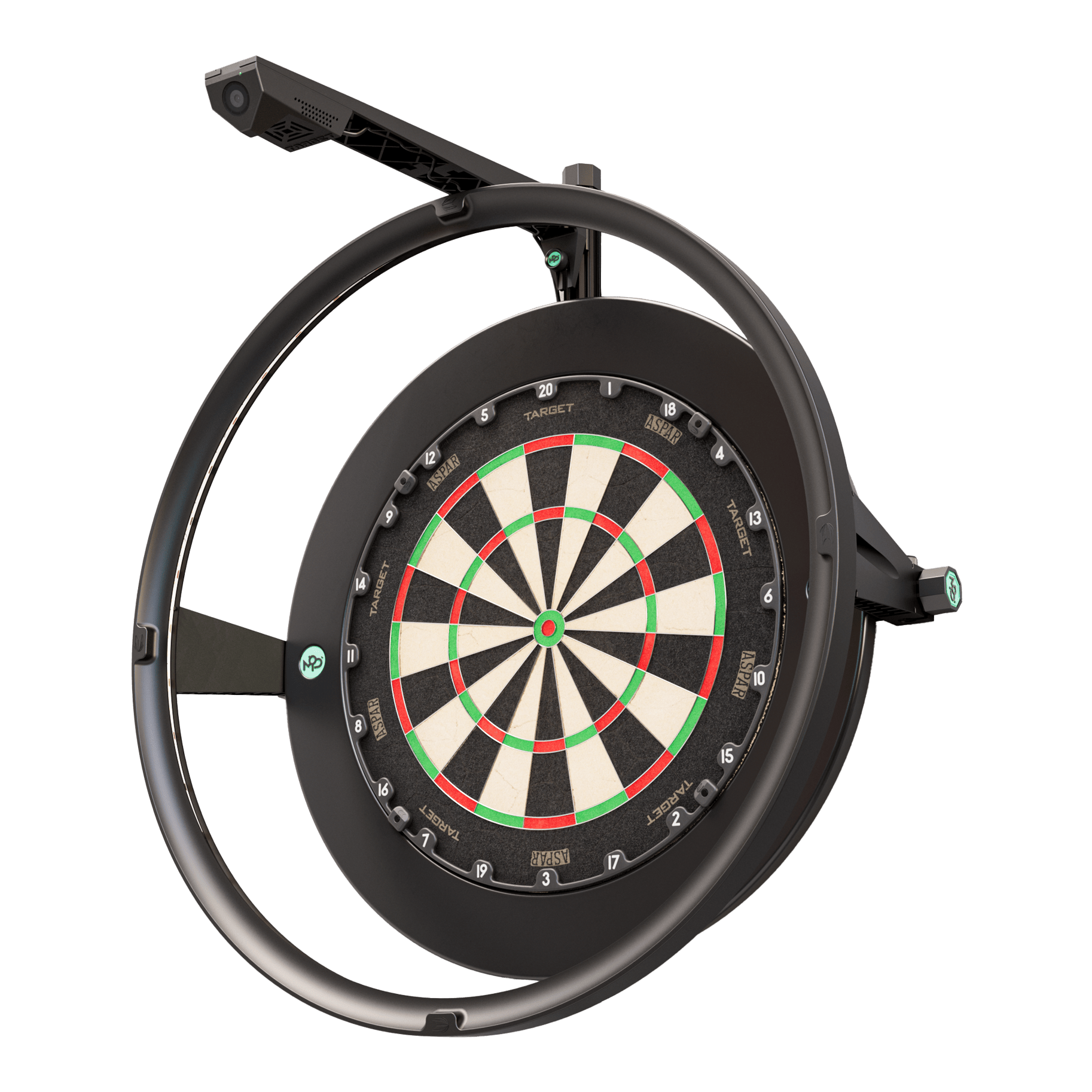 Target VIRT-camera Das Bild zeigt das Produkt "Target VIRT Kamera", das eine Dartscheibe mit einer integrierten Kamera darstellt. Die Kamera ist oberhalb der runden Einfassung der Dartscheibe montiert.