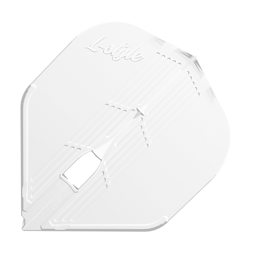 L-Style KAMI L1PRO Flights Das Bild zeigt ein weißes Dartflight mit dem Schriftzug "L-style" oben. Das Flight hat eine strukturierte Oberfläche und eine typische, leicht eckige Form.