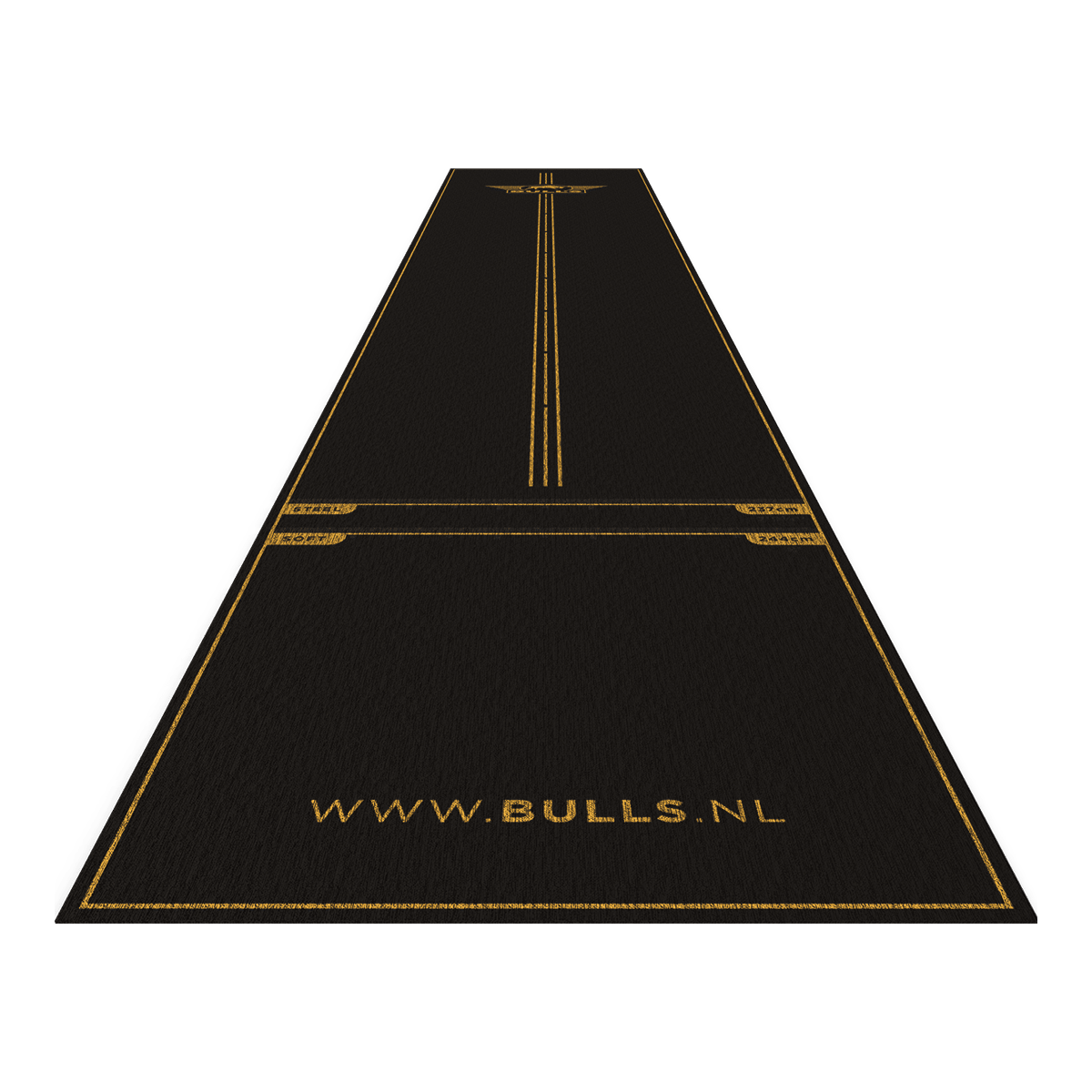 Der Bulls NL Advantage Dartteppich ist ein schwarzer Teppich mit gelben Markierungen und Linien für das Dartspiel. Am unteren Rand steht in großen Buchstaben die Website "www.bulls.nl".