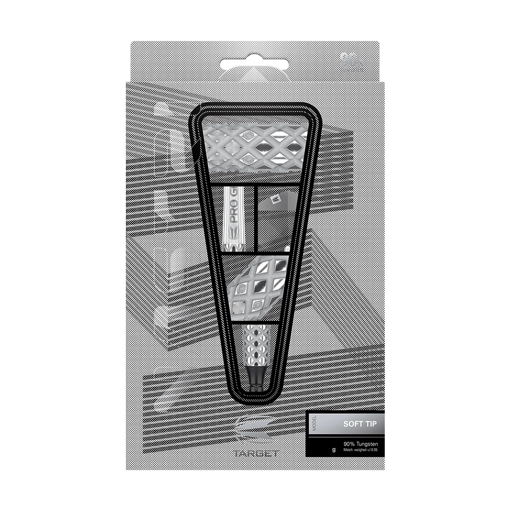 Target Nastri 11 zachte darts Die Abbildung zeigt die "Target Nastri 11 Softdarts" in ihrer Verpackung. Die Darts haben ein auffälliges, geometrisches Design und sind für den Gebrauch mit Softspitzen geeignet.