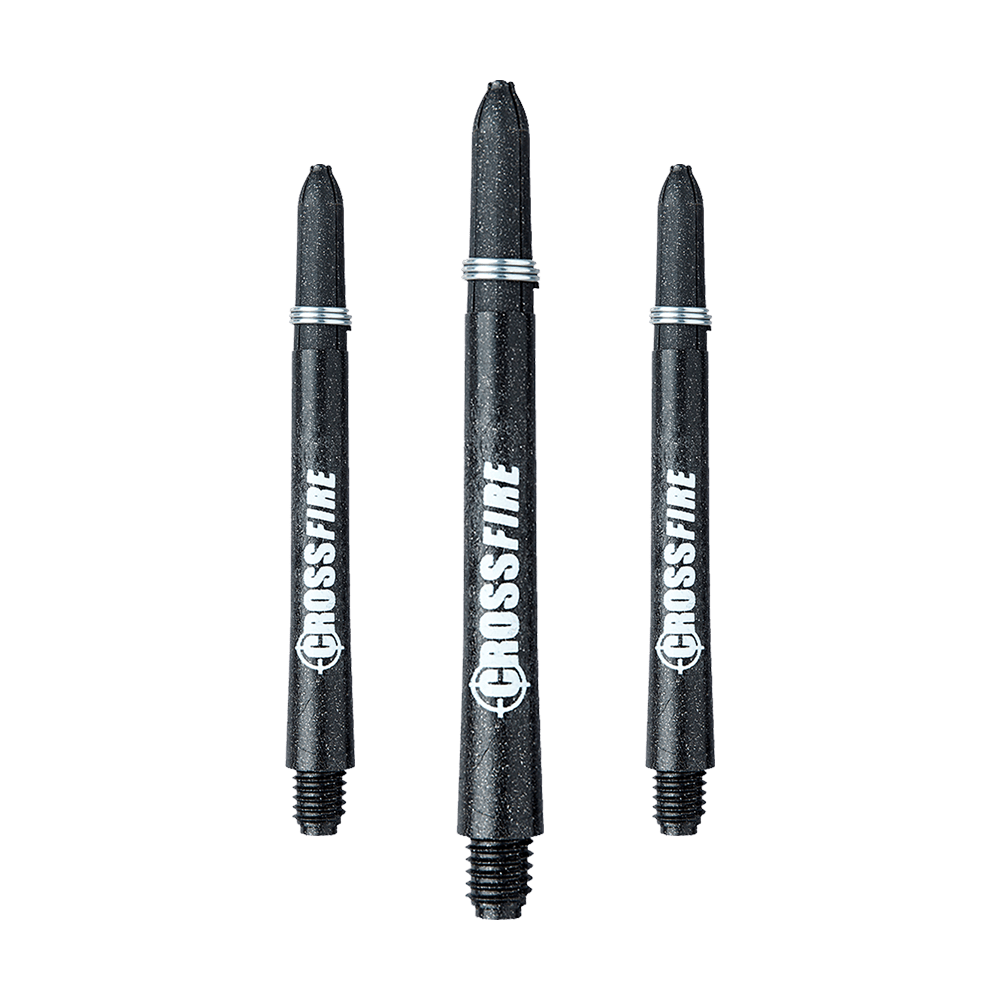 C177_Red_Dragon_Crossfire_Carbon_Fibre_Shafts_48mm_1 Das Bild zeigt drei RedDragon Crossfire Carbon Fibre Shafts für Darts. Sie sind schwarz und haben das Wort "CROSSFIRE" weiß aufgedruckt.