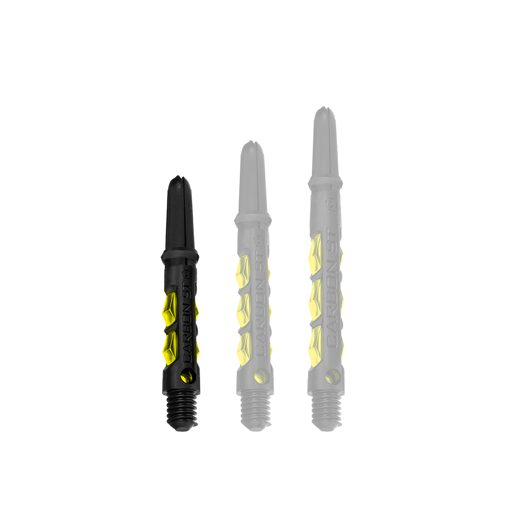 Das Bild zeigt drei Harrows Carbon ST Shafts in Gelb. Sie sind in unterschiedlichen Längen angeordnet und haben ein schwarz-gelbes Design.