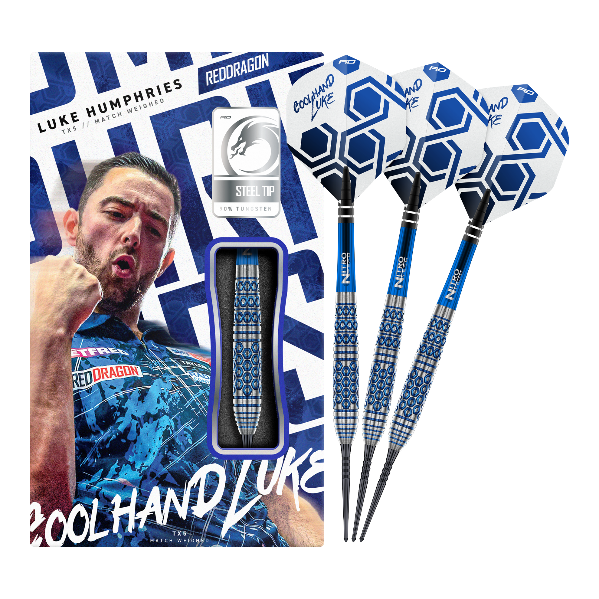 Auf dem Bild ist das vollständige Set der Red Dragon Luke Humphries TX5 Steeldarts zu sehen. Die Steeldarts werden in ihrer Gesamtheit präsentiert.