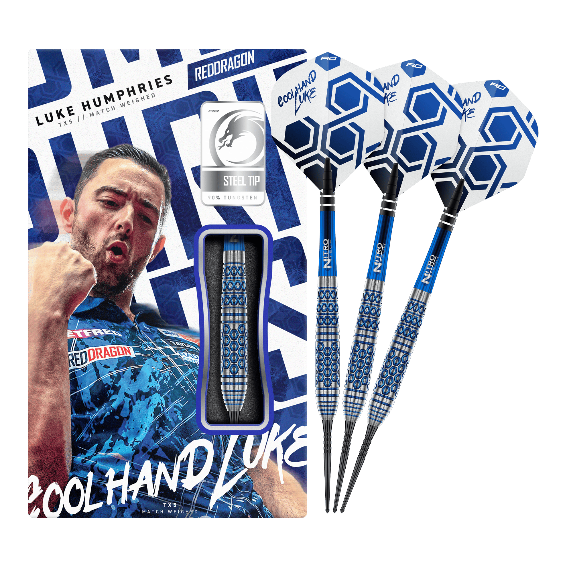 Red Dragon Luke Humphries TX5 stalen dartpijlen Auf dem Bild ist das vollständige Set der Red Dragon Luke Humphries TX5 Steeldarts zu sehen. Die Steeldarts werden in ihrer Gesamtheit präsentiert.