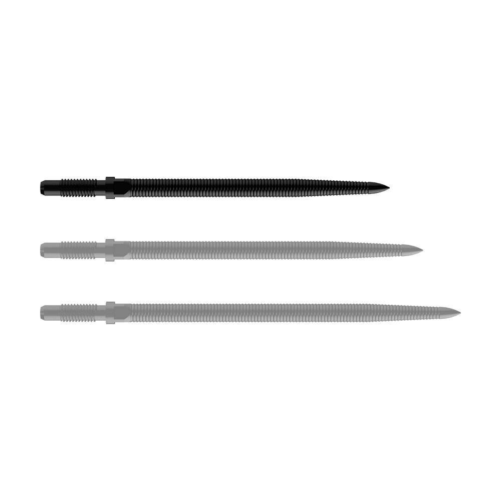 Bulls NL Convertible Point Dart Tips - Micro Grip - Zwart Zu sehen ist eine schwarze Dartspitze mit feiner MicroGrip-Struktur. Das Produkt heißt BU57704_BullsNL_Convertible_Points_MicroGrip_Schwarz_32mm_1.