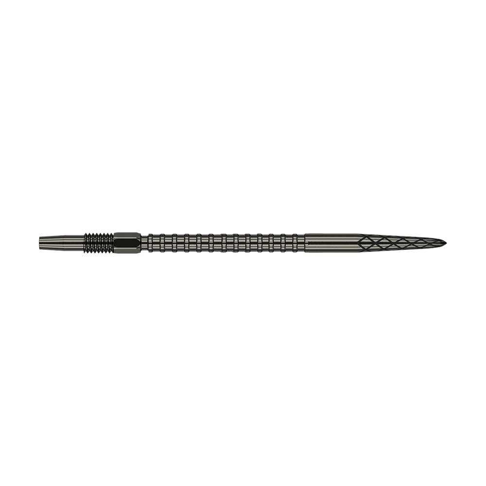 Target Swiss DS Surge Point dartpunten - Zwart Das Bild zeigt eine schwarze Dartspitze mit gerillter Struktur und feiner Diamantmusterung an der Spitze. Die Spitze ist lang und schlank gestaltet und misst 40 mm.