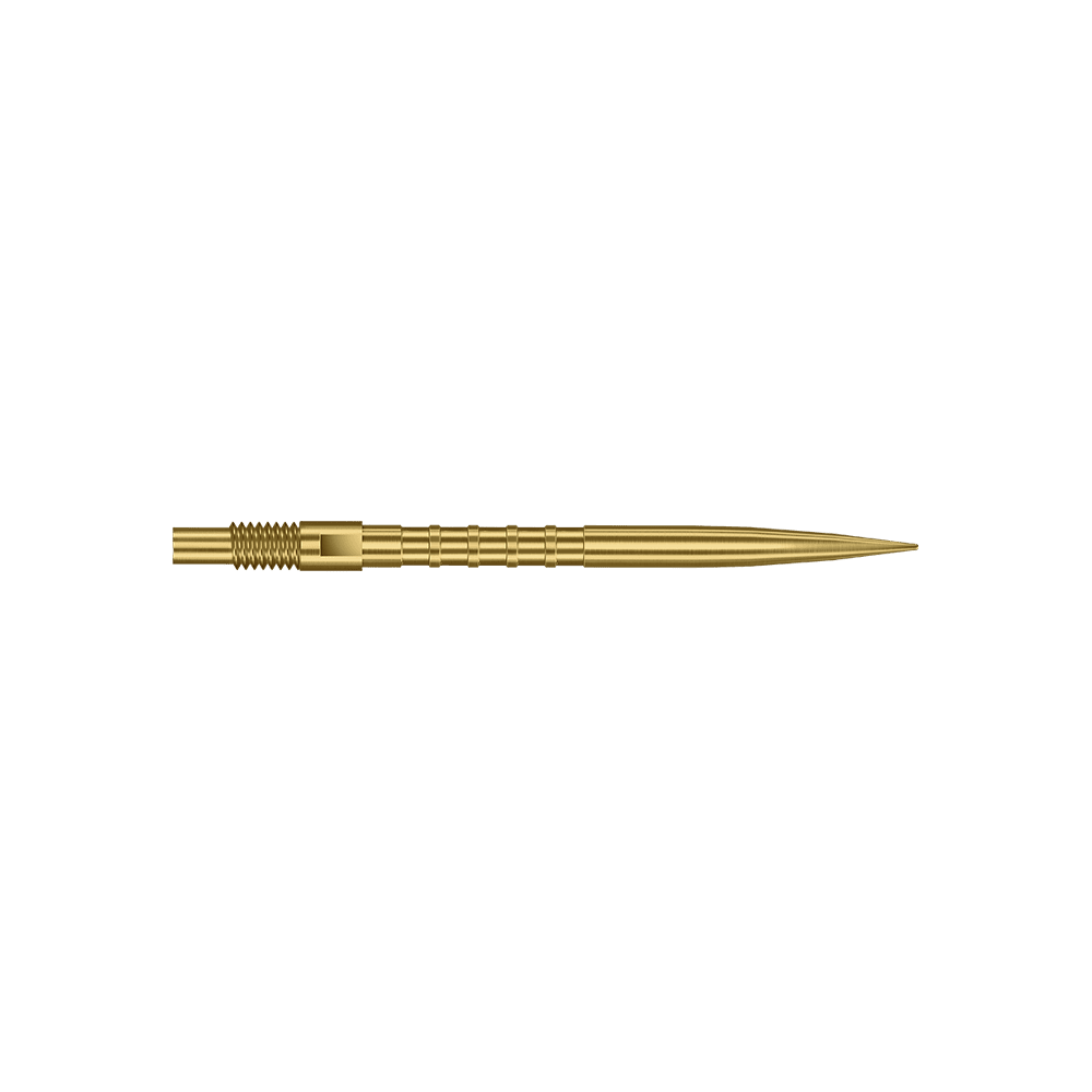 Harrows Quick Point Heavy Metal Dartpunten - Goud Das Bild zeigt goldene Dartspitzen mit starkem Metallgriff und 30mm Länge. Zu sehen ist das Produkt Harrows Quick Point Heavy Metal Grip Dartspitzen Gold 30mm.