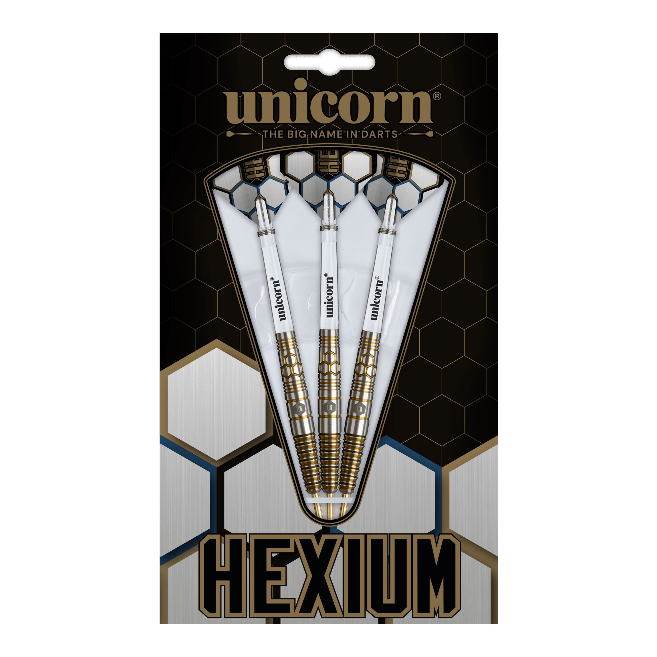 Unicorn Hexium Style 03 Goud & Zwart Steeldarts Dies ist das Produkt Unicorn Hexium Style 03 Gold & Black Steeldarts. Drei Steeldarts in Gold und Schwarz sind abgebildet.