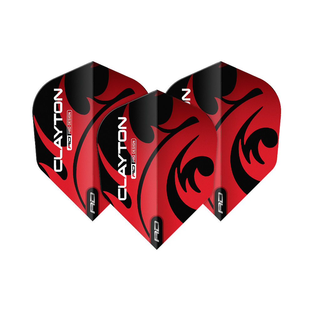 Red Dragon Jonny Clayton Rood Zwart No6 Vluchten Auf dem Bild sind drei Dartflights des Produkts "Red Dragon Jonny Clayton Red Black No6 Flights" zu sehen. Die Flights sind rot-schwarz gestaltet und tragen den Aufdruck "CLAYTON".